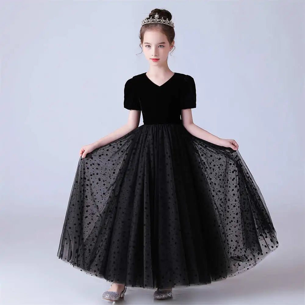 Polka Dot Tulle Puff Sleeve Black Girls Party Dress - Elegant & Playful Outfit for Birthday, Wedding & Special Occasions