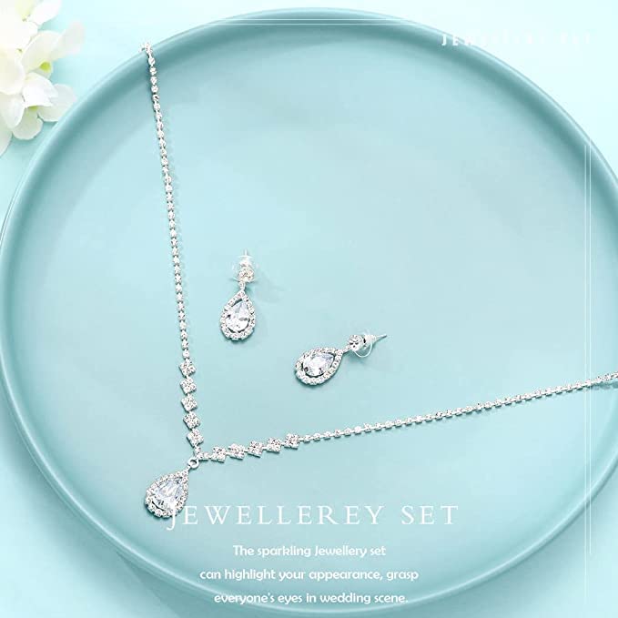 BSLVWG Silver Rhinestone Bridal Jewelry Set - Sparkling Crystal Dangle Drop Necklace & Earrings for Women | Perfect for Weddings, Prom, Anniversary Gifts & Special Occasions