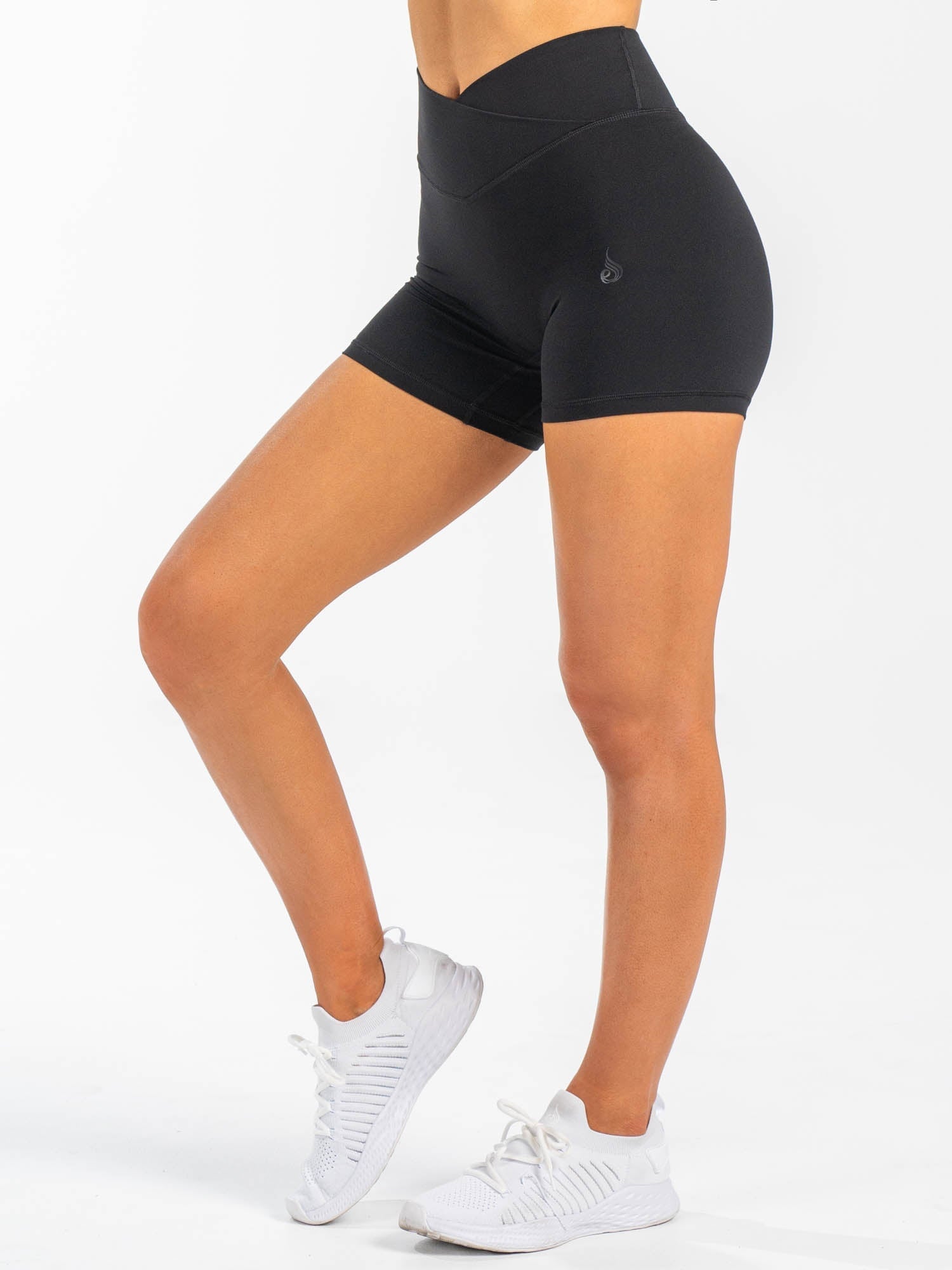 NKD Cross Waist Band Shorts for Women - High Waisted Workout Running Yoga Shorts - Comfortable Stretchy Athletic Shorts for Gym, Lounge & Summer Activities - Black