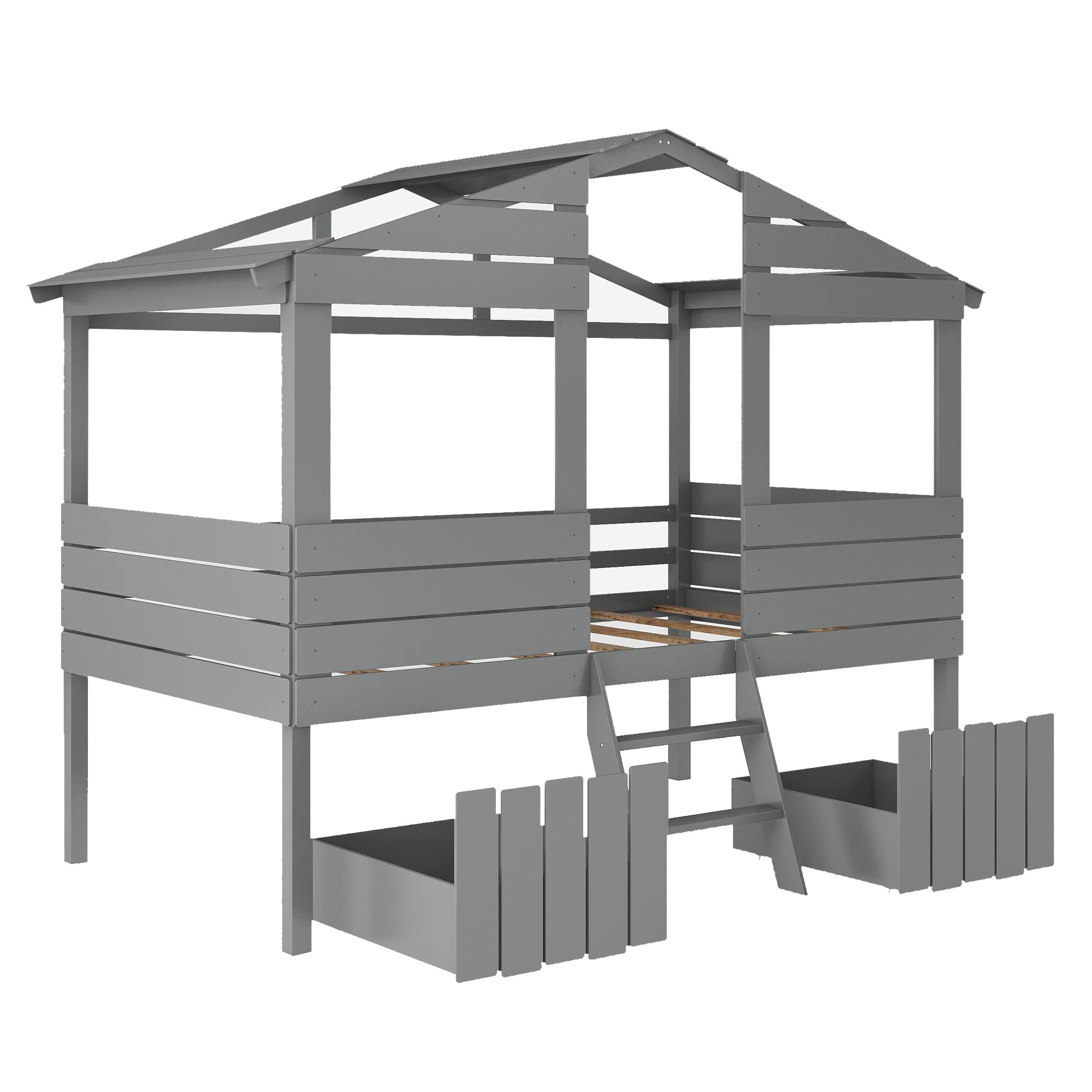 Kids Twin Size Wood Loft Bed with Two Drawers, Windows & Roof Design - Fence-Shaped Guardrails & Short Ladder - Perfect for Boys & Girls Bedrooms (Gray) - Space-Saving Solution for Small Rooms & Fun Sleepovers
