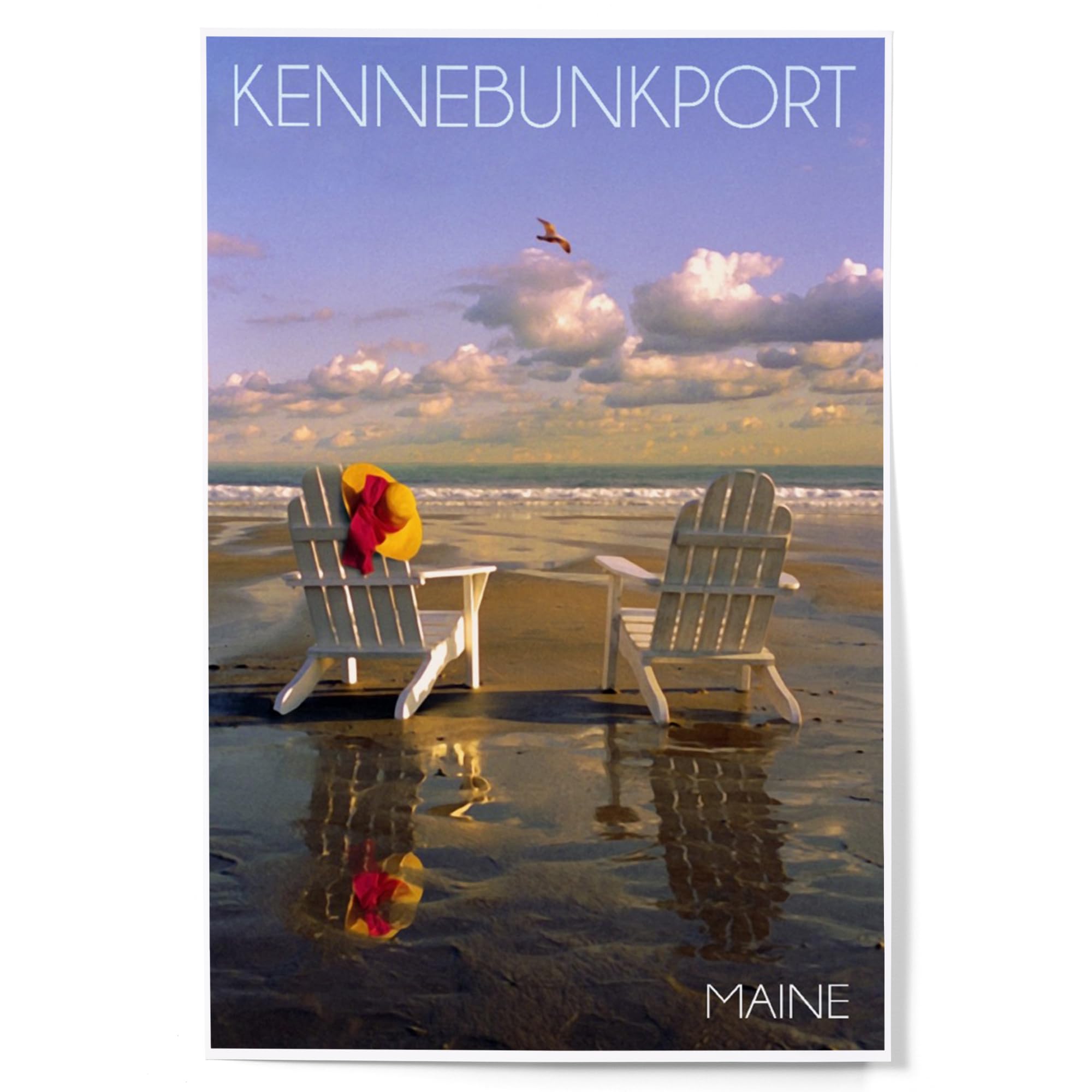 Lantern Press 12x18 Inch Kennebunkport Maine Coastal Art Print - Adirondack Chairs Beach Wall Decor for Living Room, Bedroom & Office