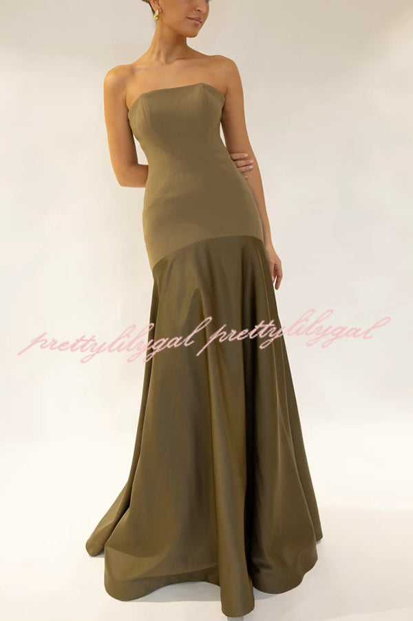 Timeless Elegance Satin Patchwork Strapless Flare Gown Maxi Dress for Women | Formal Evening Gown for Prom, Wedding, Red Carpet Events
