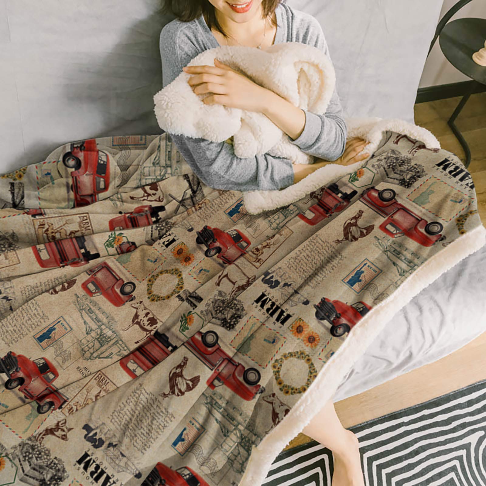 T&H XHome Sherpa Fleece Throw Blanket - Ultra Soft & Warm Reversible Microfiber Blanket (60x80 Inches) for Bed, Couch, Sofa - Farmhouse Truck & Cow Rooster Design - Perfect for Home Decor, Travel & All Seasons