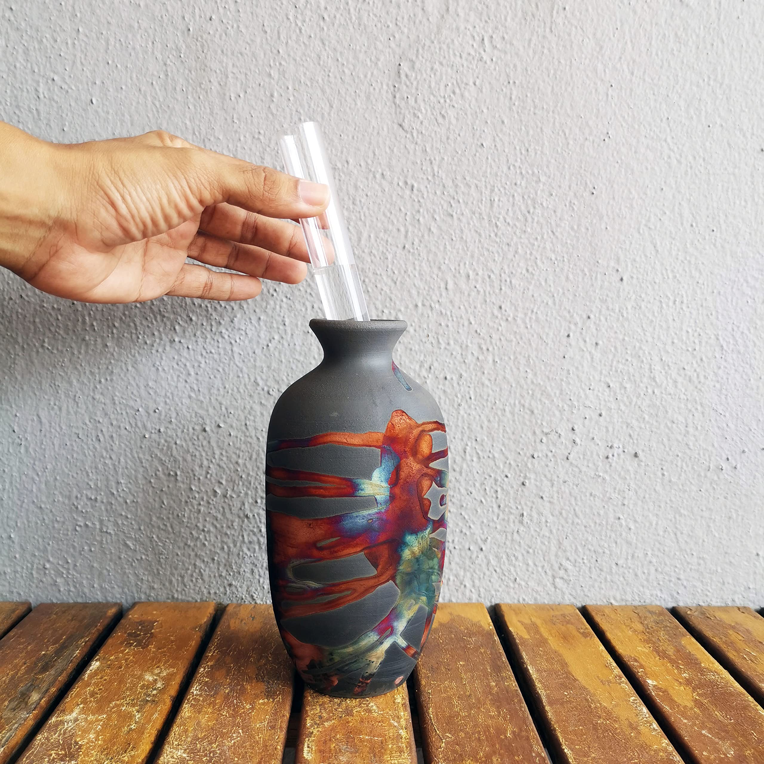 RAAQUU 2 Pack 7 Inch Handmade Ceramic Raku Vase Set - Boho Home Decor, Unique Pottery Gift for Women, Mom, Bridesmaid Wedding Present - Perfect for Living Room, Bedroom & Wedding Decorations