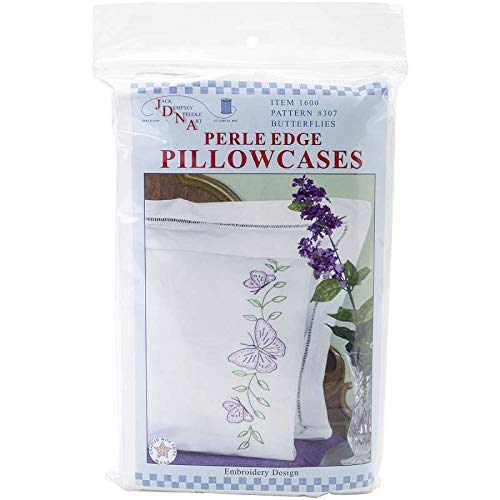 Stamped Pillowcases with White Perle Edge - 2 Pack - Circle of Butterflies Design | Elegant Bedroom Decor for Home & Guest Room