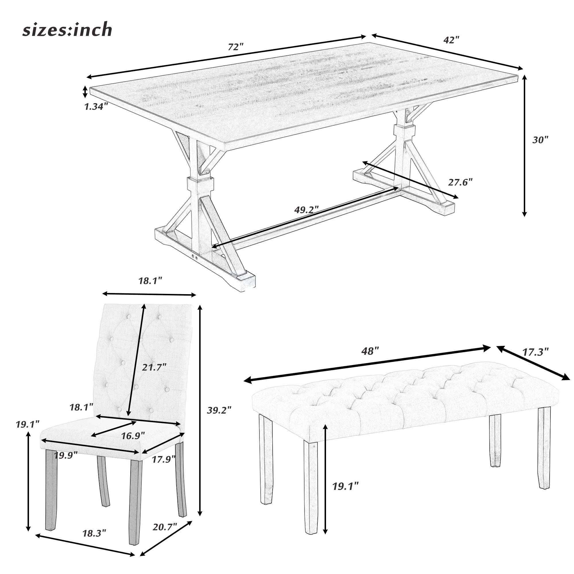 P PURLOVE 6-Piece Wooden Dining Table Set - 78