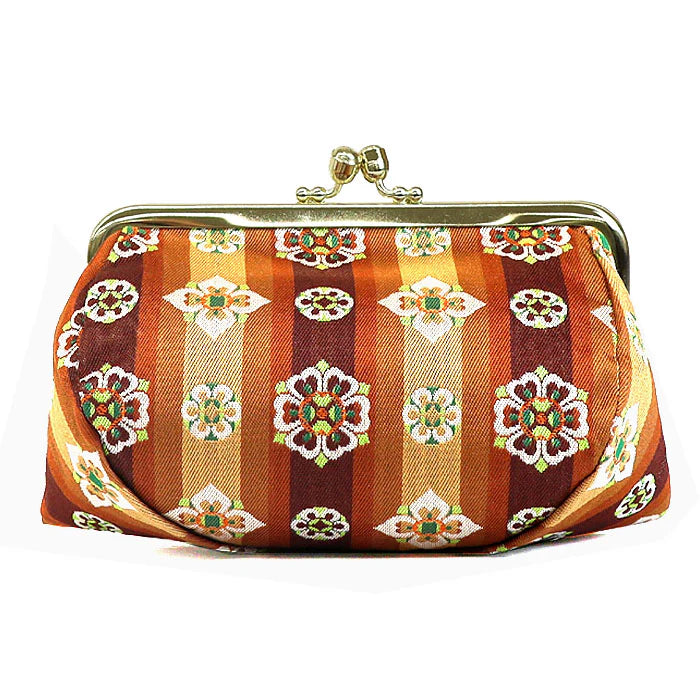 Nishijin Woven Small Floral Pouch - Handmade in Kyoto Japan | Elegant Brown Cosmetic & Makeup Bag | Japanese Gamaguchi Style | Travel Toiletry Organizer, Stationery Pouch & Bag-in-Bag (Perfect for Daily Essentials, Gift Giving & Japanese Fashion Accessories)