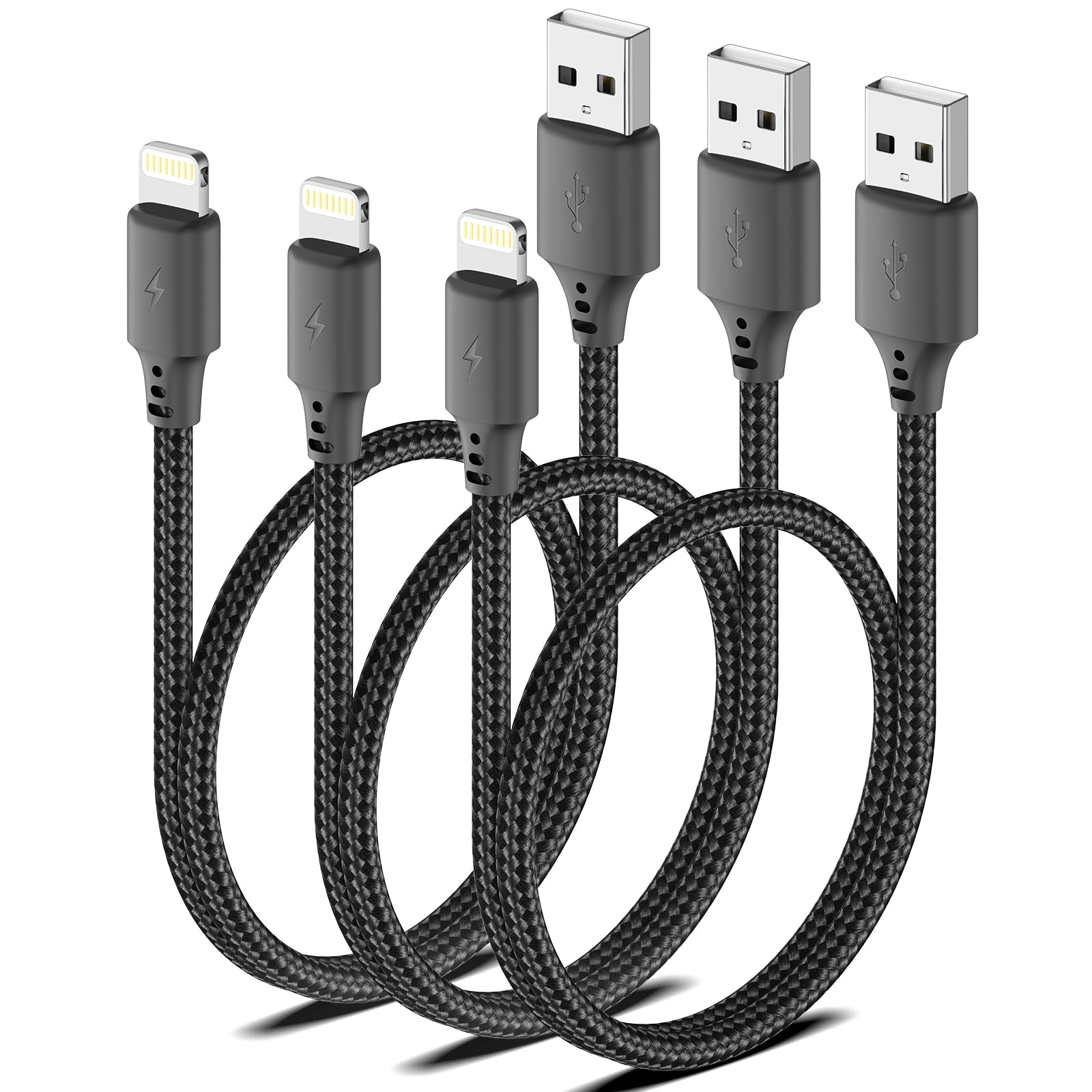 MFi Certified 1.5ft Lightning Cable 3-Pack - Fast Charging Braided USB to Lightning Cable for iPhone 14/13/12/11 Pro/Max/Mini/Xs/SE2 & iPad - Perfect for Car, Home & Travel Charging