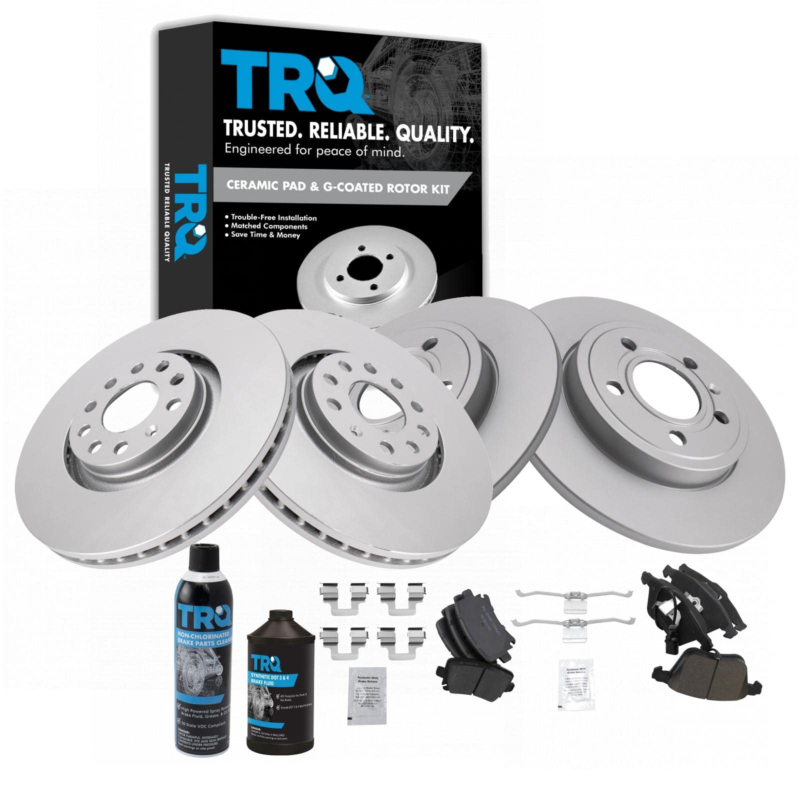 Premium TRQ Ceramic Brake Pads & G-Coated Rotors Kit - Compatible with 2006-2009 Audi A4 & A4 Quattro - Front & Rear Brake Set with Chemical Kit for Smooth Stopping & Long-Lasting Performance - Ideal for City Driving, Highway Commuting & Performance Upgrades