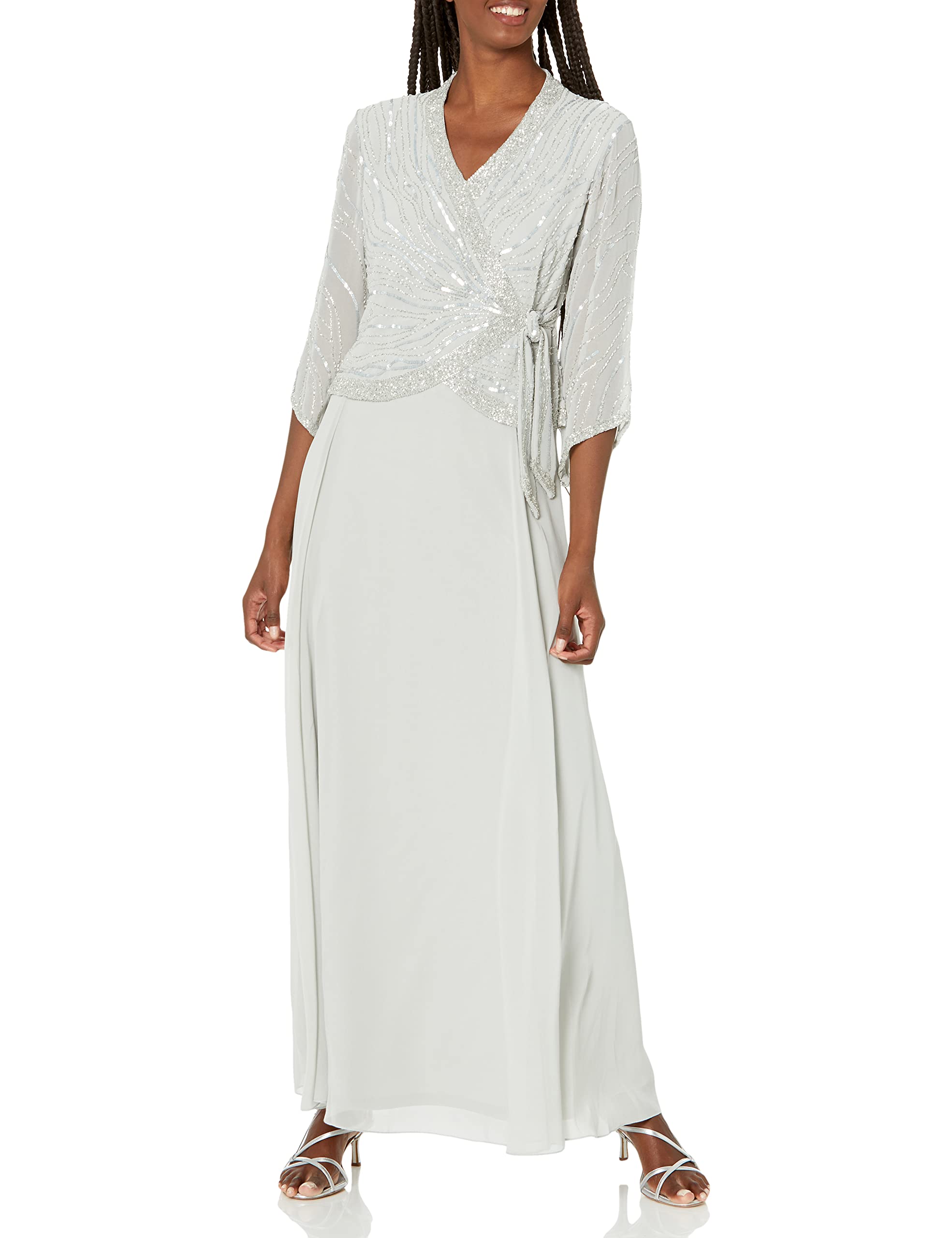 J Kara Women's Long 3/4 Sleeve V-Neck Beaded Faux Wrap Dress - Elegant Party & Cocktail Attire for Weddings, Evening Events and Special Occasions