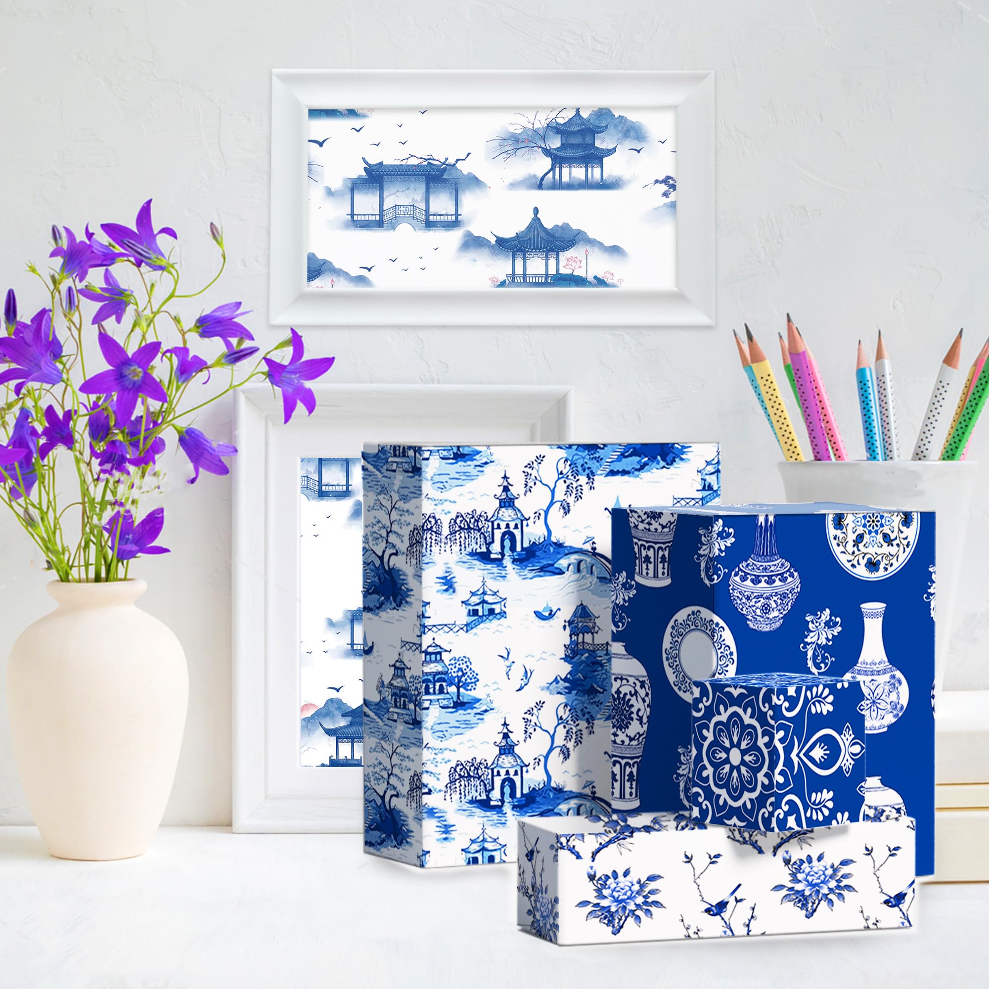 Bolsome 12 Sheets 27x20 Inch Blue White Peony Porcelain Chinoiserie Wrapping Paper - Oriental Aesthetic Gift Wrap for Birthday, Wedding, Bridal Shower, DIY Crafts | Perfect for Gift Packaging, Scrapbooking, and Home Decor