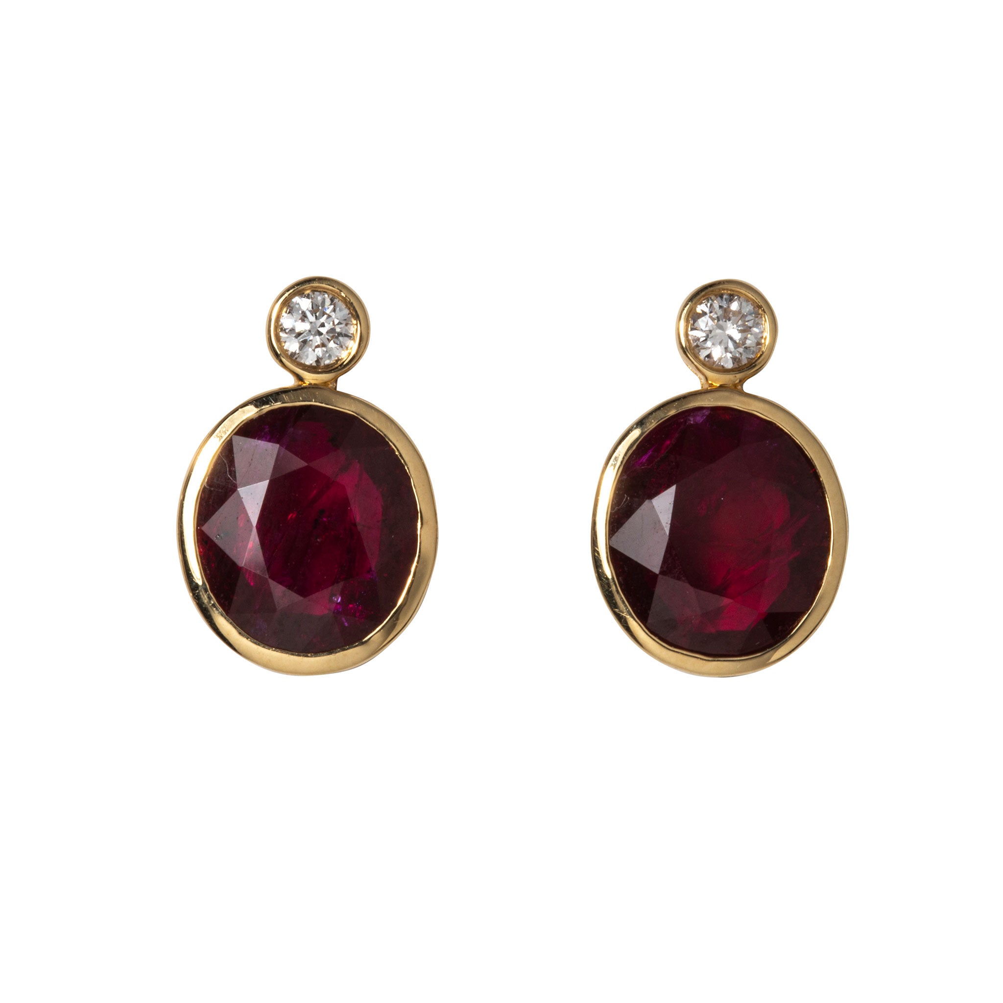 3ctw Oval Ruby & Diamond Bezel Set 18K Yellow Gold Earrings for Women - Elegant Dangle Earrings for Wedding, Anniversary & Special Occasions