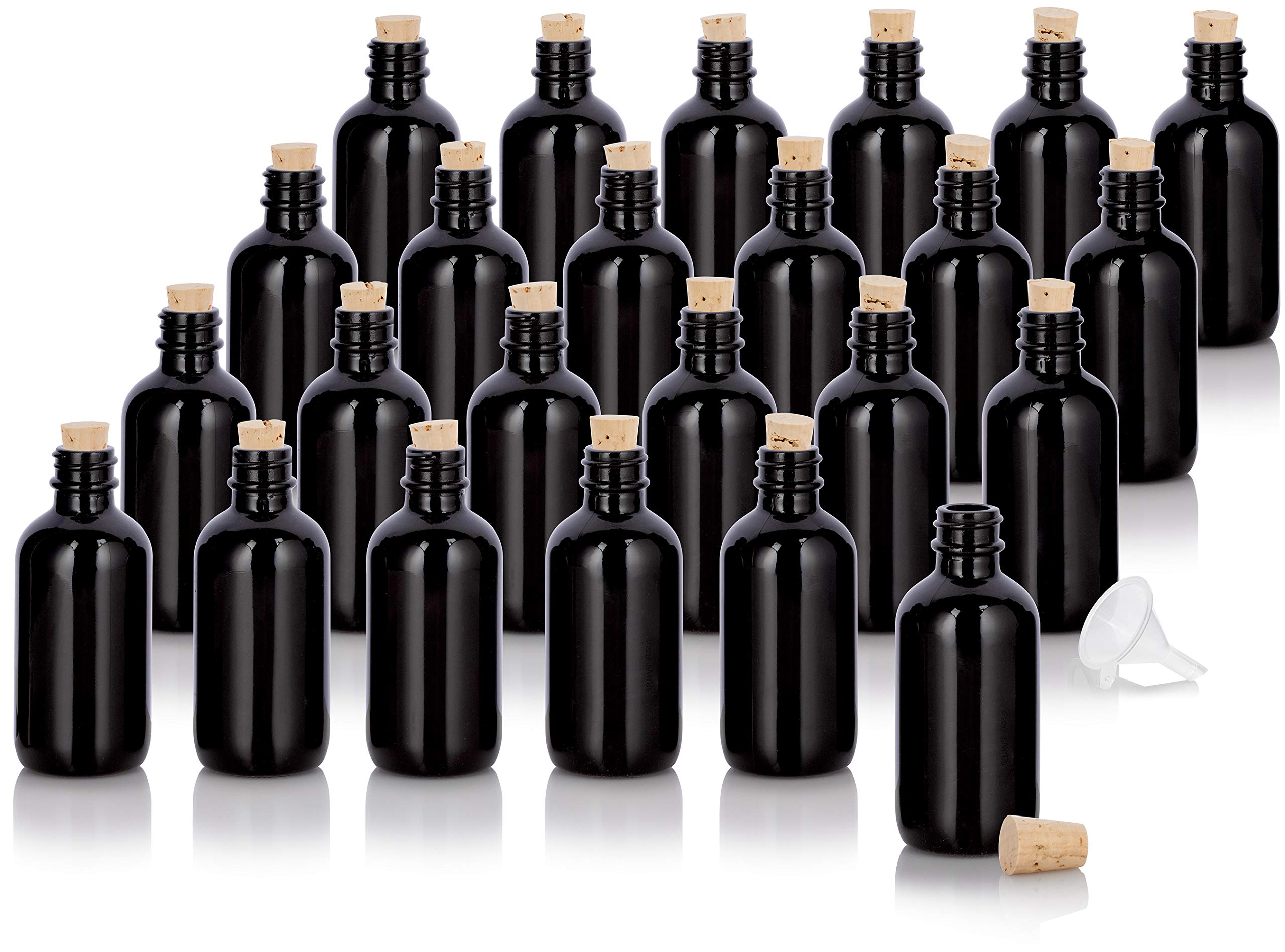 Premium 2 oz Black Glass Boston Round Bottles with Cork Stoppers - Set of 24 + Bonus Funnel for Essential Oils, Perfume & DIY Beauty Products | Luxury Apothecary Packaging for Home & Professional Use