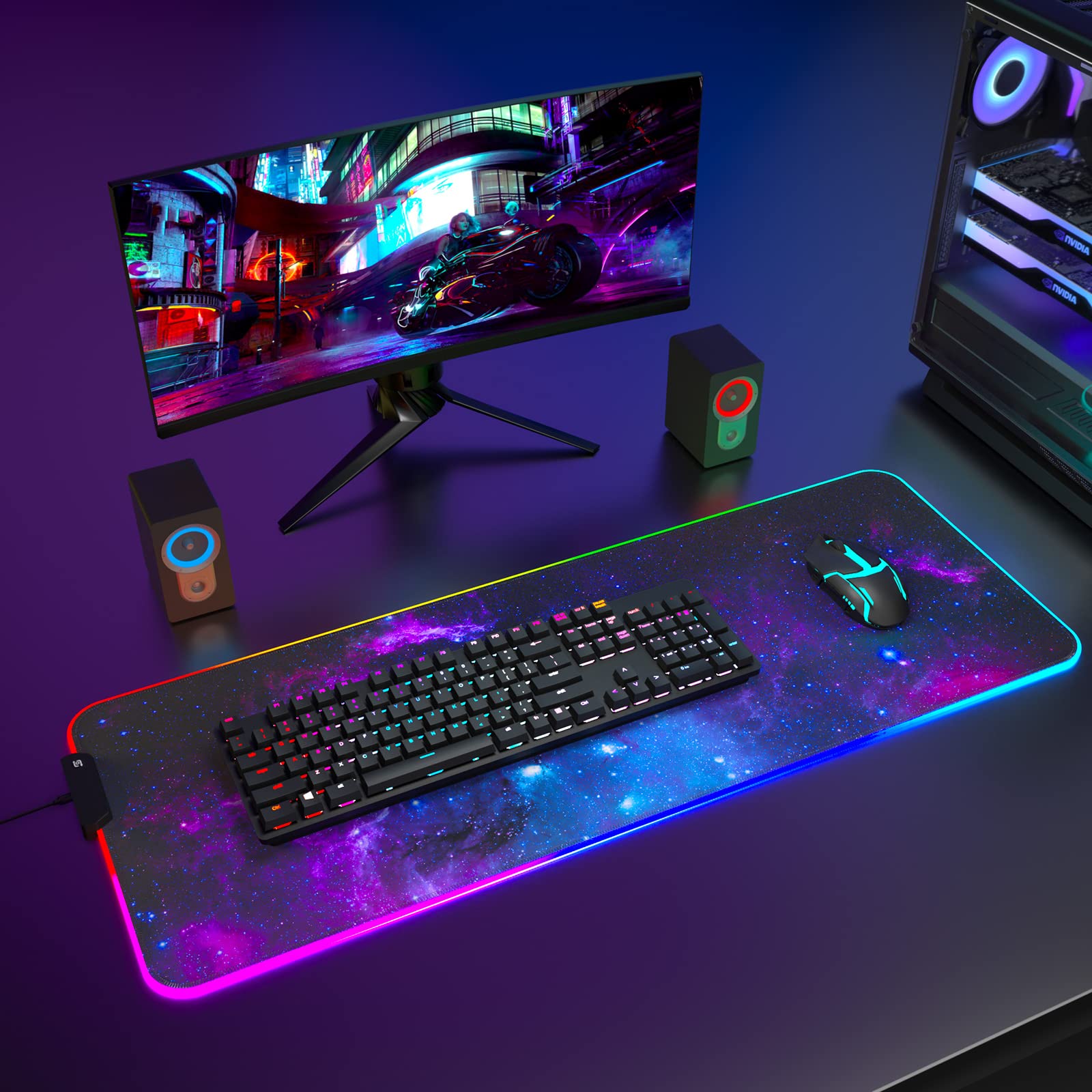 ITNRSIIET RGB Gaming Mouse Pad - Full Desk XL Extended Large LED Mousepad with 12 Lighting Modes, 30% Thicker Surface (32x12 inches) for PC Gamers - Mysterious Galaxy Design - Perfect for Gaming Setups, Office Work & Computer Desks