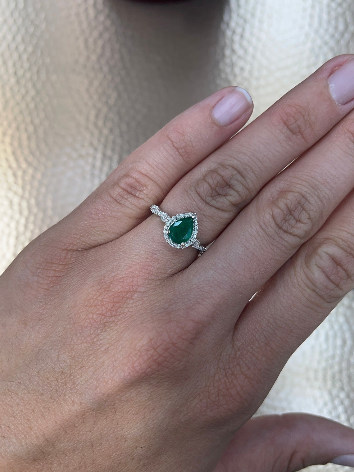 1.30tcw Natural Emerald Pear Cut & Diamond Halo Accent 14K White Gold Engagement Ring - Perfect for Proposals, Anniversaries & Special Occasions
