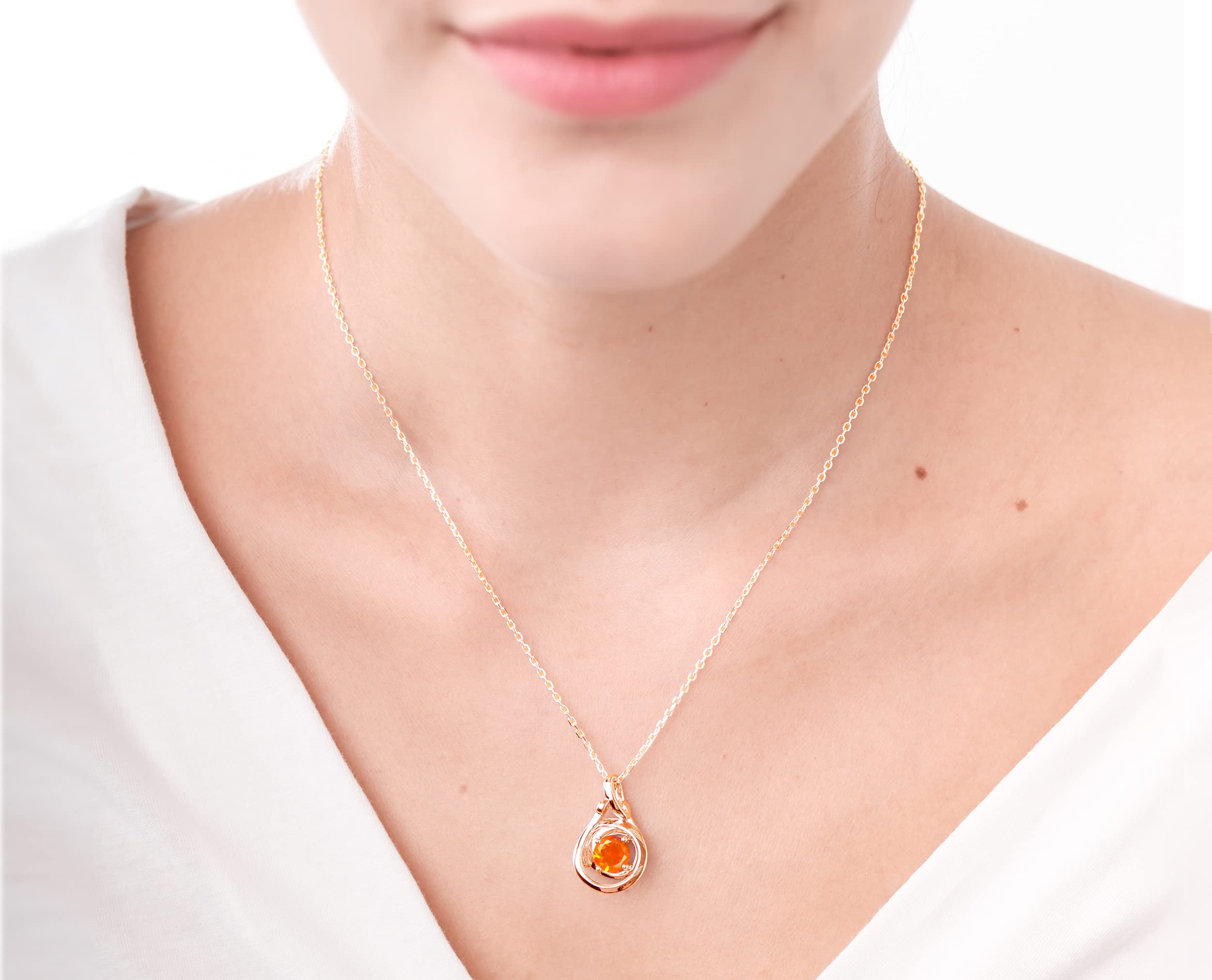 Fire Opal Necklace - Round Orange Opal Pendant with Gold Tone Spiral Design, October Birthstone Jewelry for Women | Perfect Gift for Birthday, Anniversary & Special Occasions