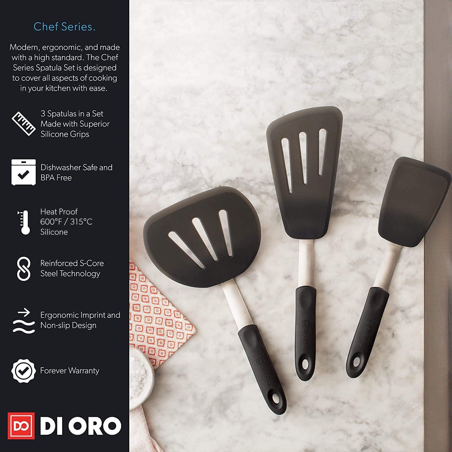 DI ORO Chef Series 3-Piece Turner Spatula Set with 2-Piece Silicone Baking Mats & 3-Piece Silicone Spatulas - Premium Non-Stick Kitchen Utensils for Cooking, Baking, Grilling - Perfect for Home Chefs & Professional Kitchens (Black)