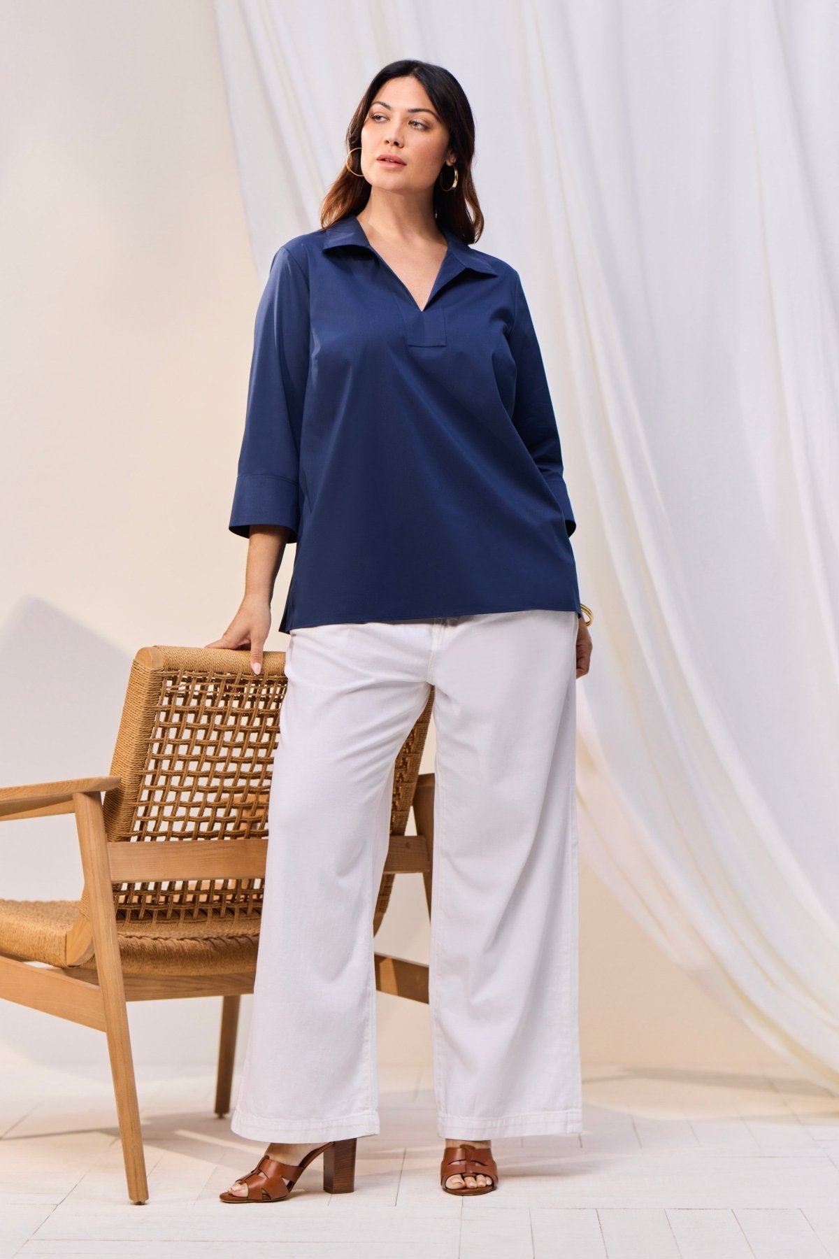 Julia Plus No Iron Stretch Cotton 3/4 Sleeve Popover Shirt for Women - Wrinkle-Free Comfort Top for Office & Casual Wear