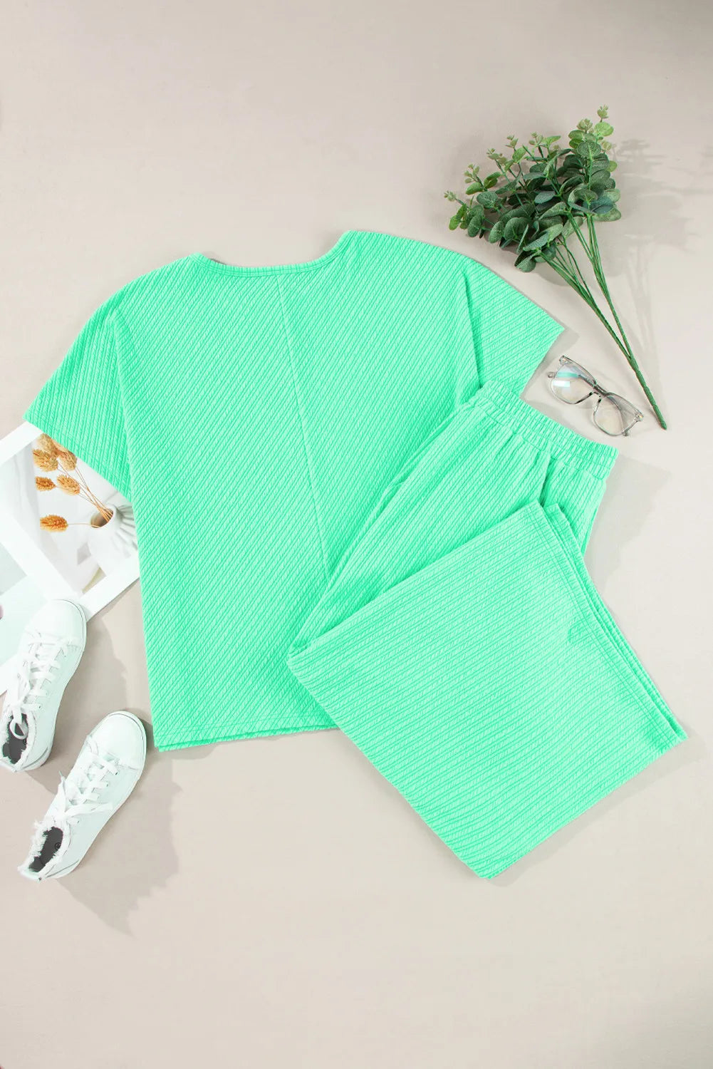 Plus Size Round Neck Half Sleeve Top with Tied Pants Set - Women's Casual Outfit for Work, Travel & Everyday Wear