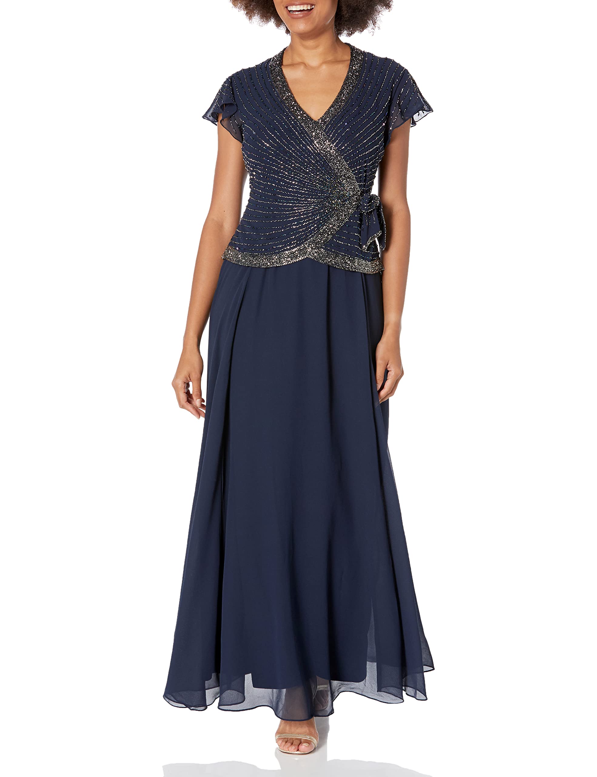 J Kara Women's Plus Size Beaded Flutter Sleeve Dress - Elegant Boho Maxi Dress for Weddings, Parties & Special Occasions