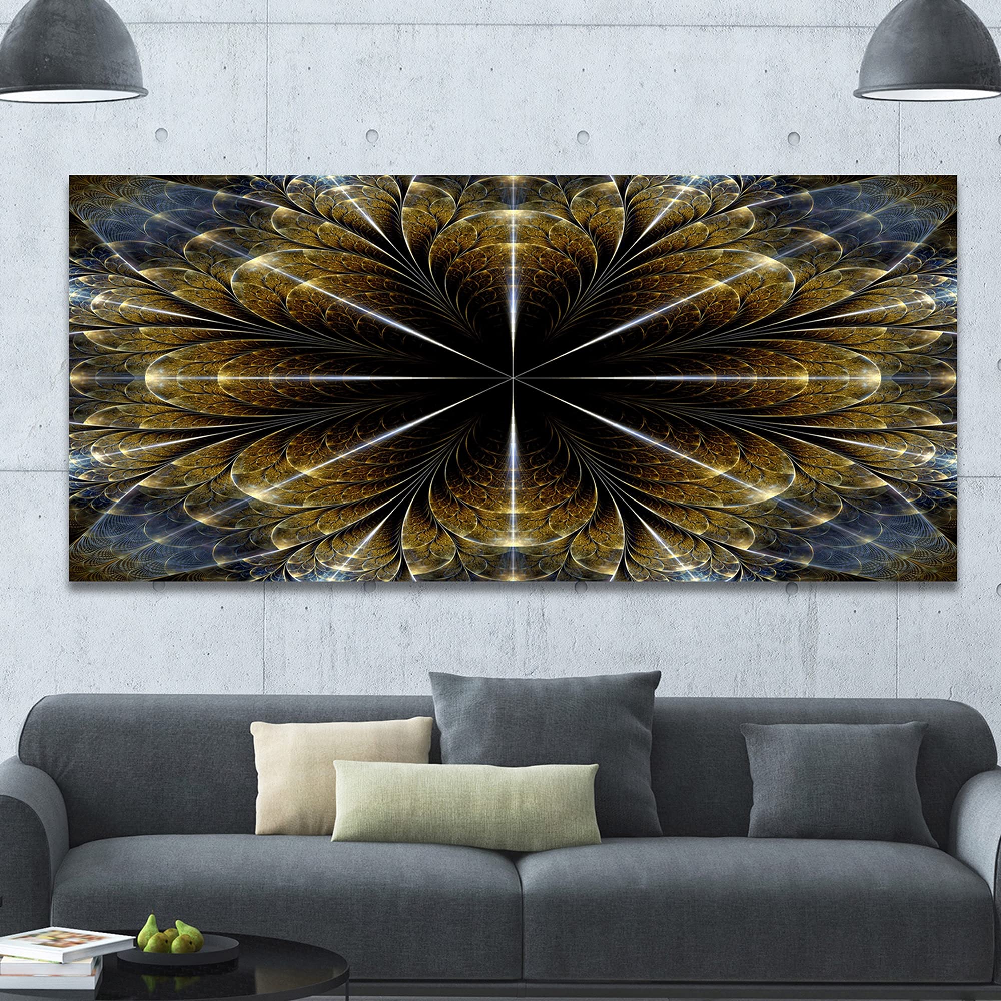 Symmetrical Gold Fractal Flower Abstract Wall Art - 60x28 Inch Canvas Painting for Living Room, Bedroom & Office Decor | Modern Home Artwork | Ready to Hang