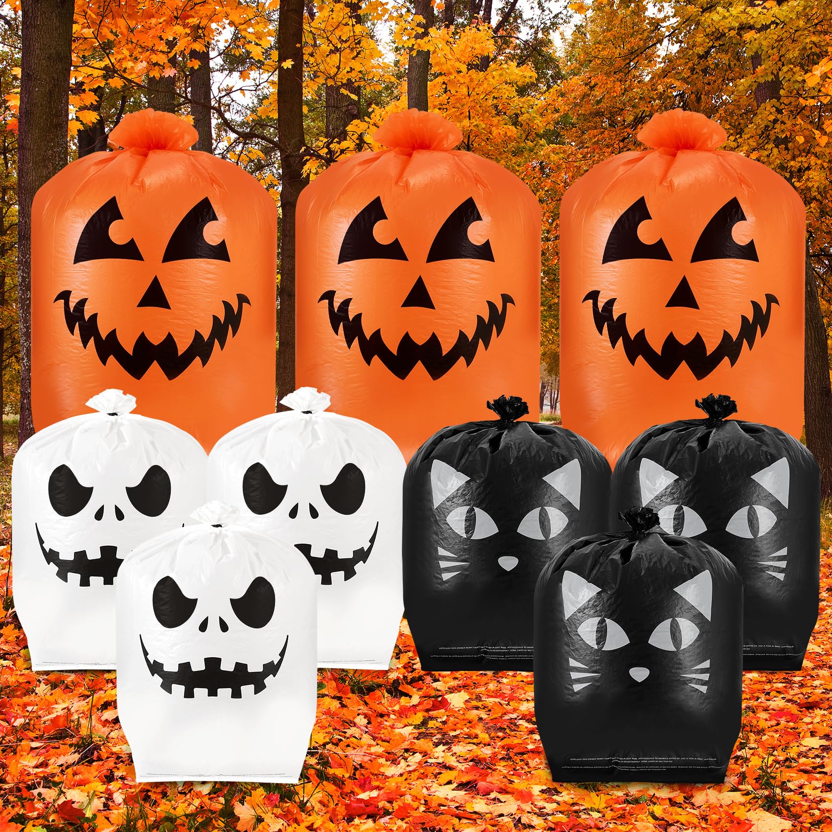 Guheake 9-Pack Halloween Pumpkin Leaf Bags with Twist Ties - Durable Plastic Jack-o-Lantern Lawn Bags for Fall Yard Decor, Thanksgiving Leaf Collection & Outdoor Garden Trash - Perfect for Halloween Parties, Autumn Cleanup & Seasonal Home Decor