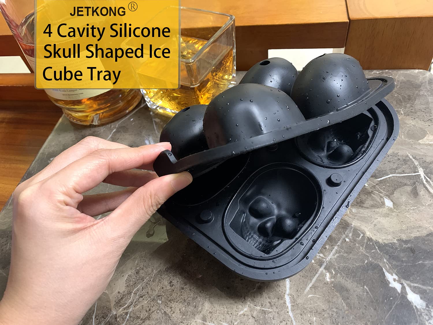 JETKONG Large Skull Ice Mold - 4 Cavity Silicone Ice Cube Tray for Whiskey, Bourbon, Cocktails & Juice - Perfect for Halloween Parties, Themed Drinks & Home Bars