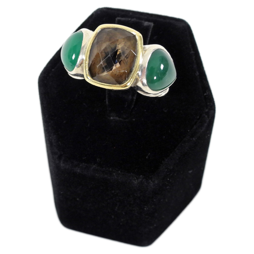 David Yurman Sterling Silver & 18k Gold Green Onyx Smoky Quartz Ring | Elegant Jewelry for Women | Perfect for Weddings, Parties & Special Occasions