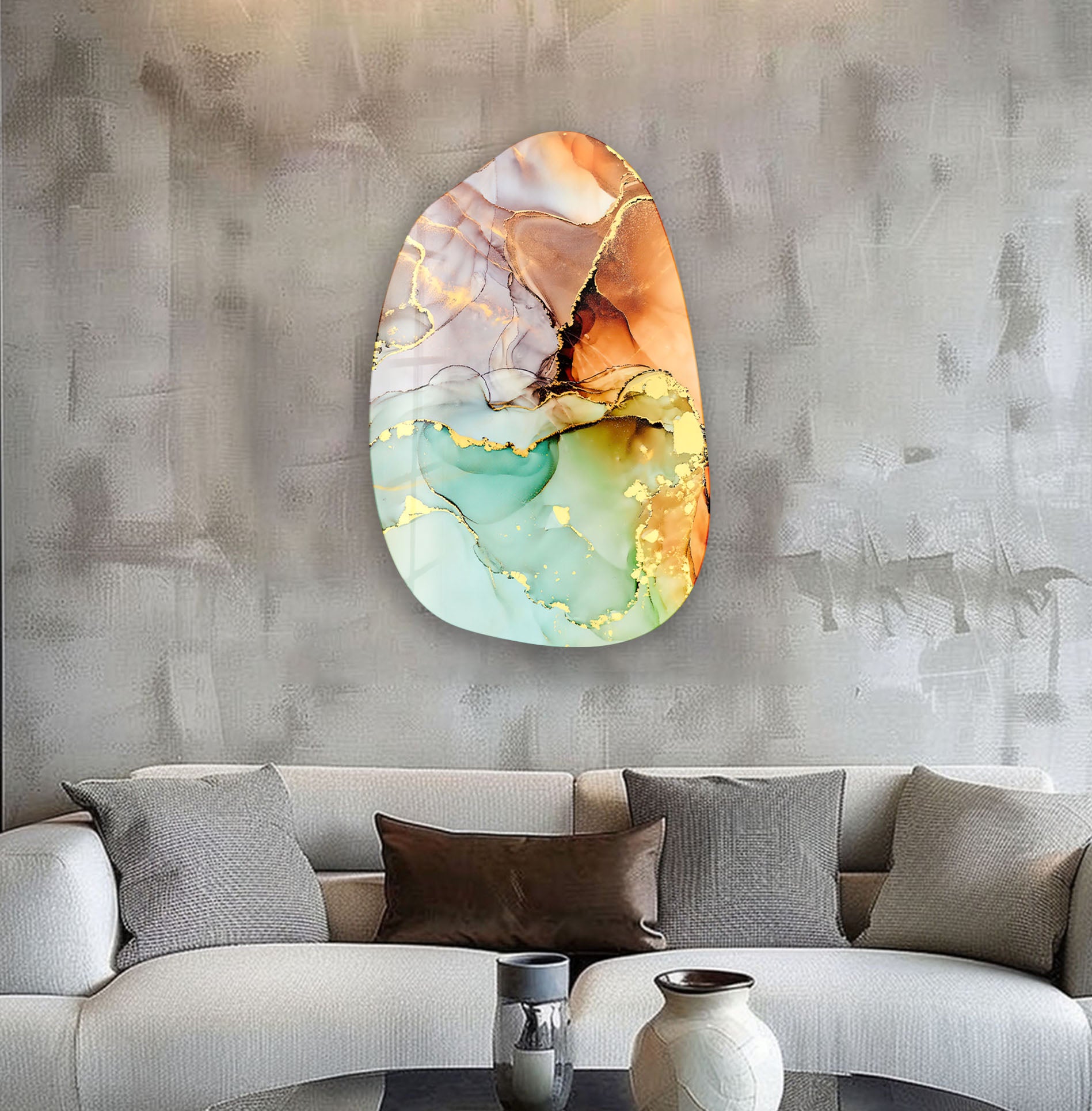 Abstract Green Fluid Irregular Glass Wall Art - Modern Handmade Home Decor for Living Room, Bedroom & Office - Unique 3D Textured Glass Panel for Contemporary Interior Design