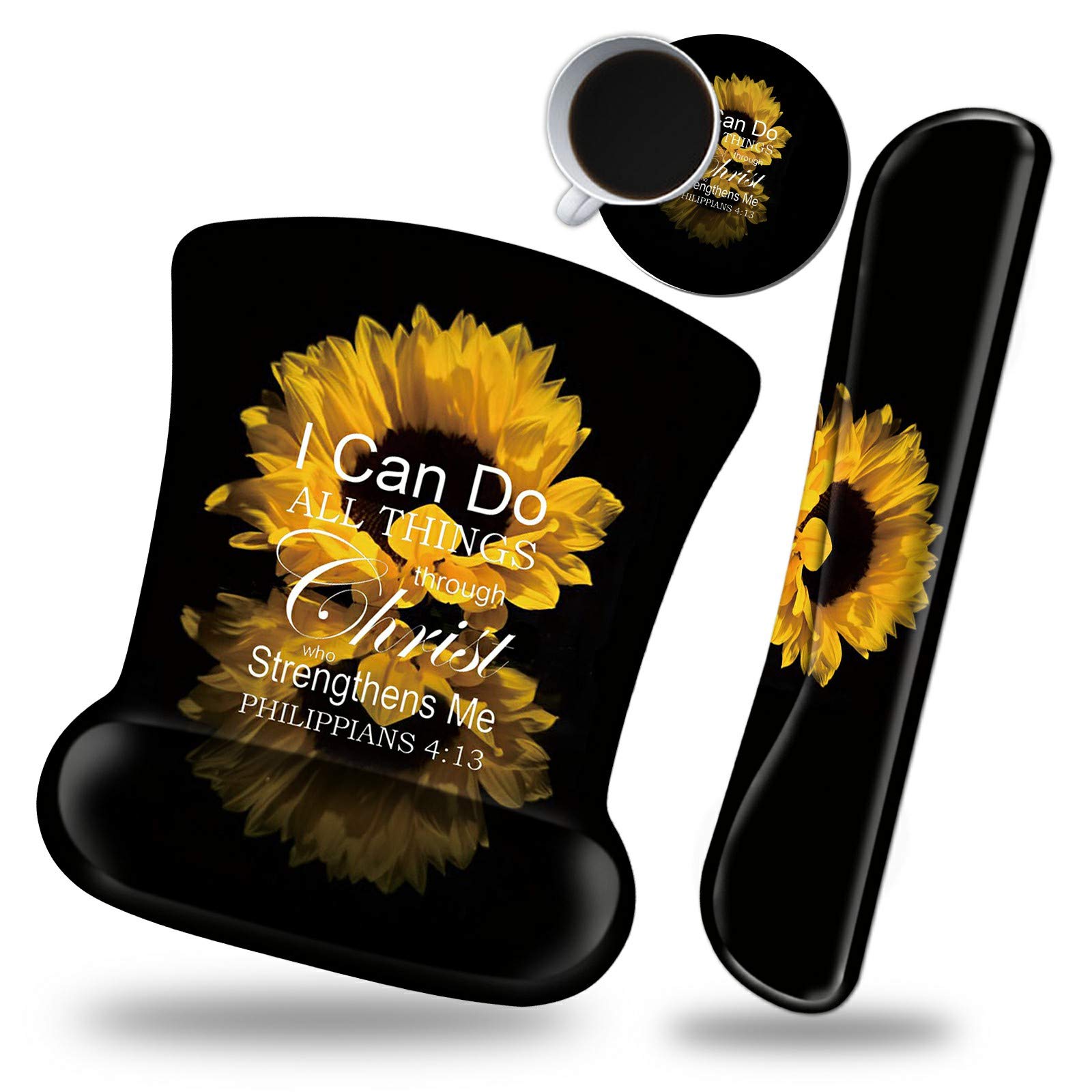 Ergonomic Memory Foam Keyboard & Mouse Wrist Rest Set - Non-Slip Rubber Base, Comfort Support for Typing & Gaming - Perfect for Office, Home & Computer Workstations - Includes Free Bible Sunflower Coaster Gift