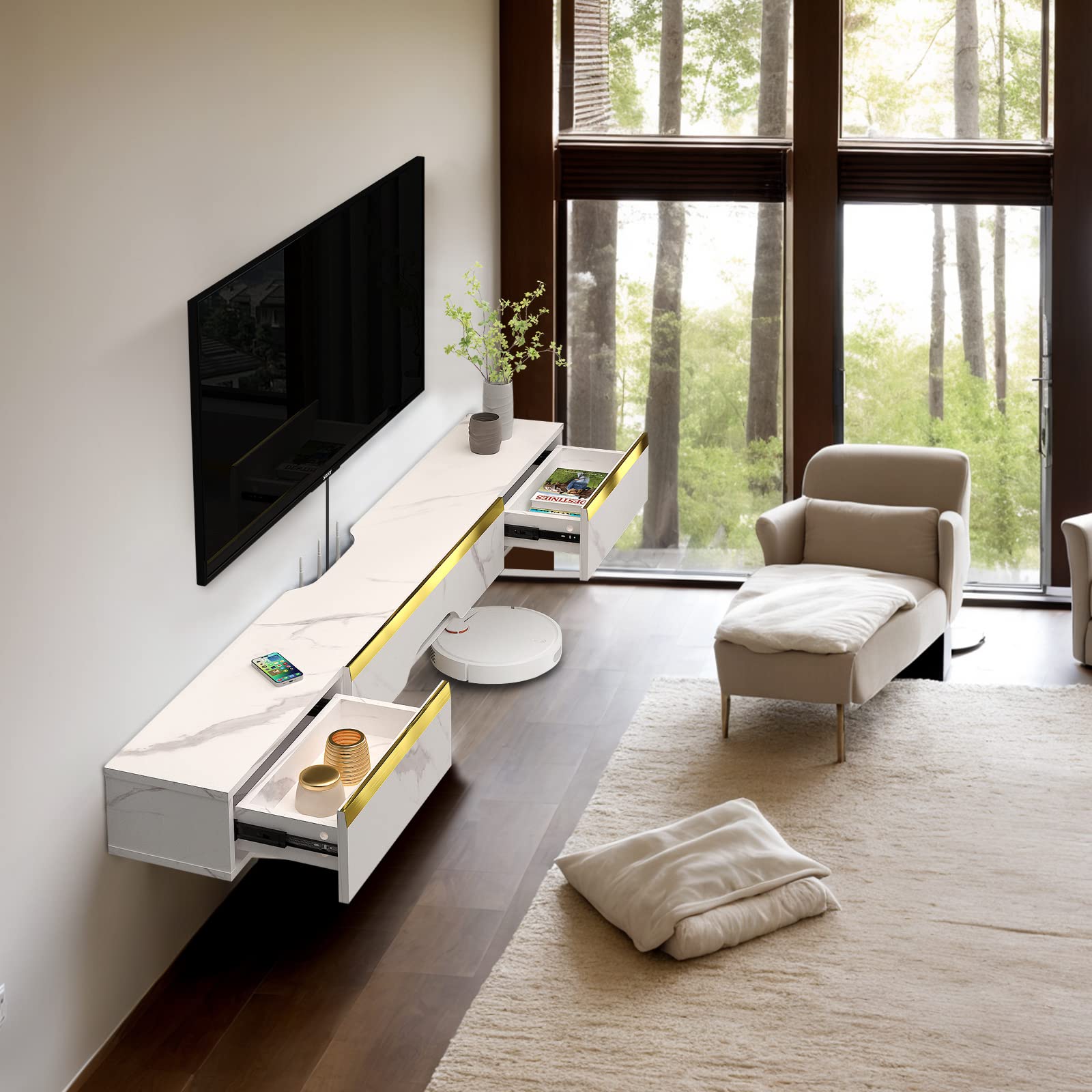 59'' Floating TV Stand with 2 Drawers & 1 Door - Wall Mounted Entertainment Center for Living Room & Bedroom - White - Space Saving Media Console for Modern Home Décor
