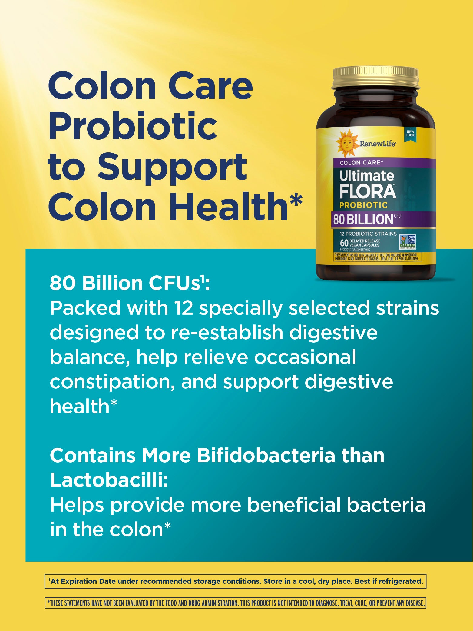 Ultimate Flora Colon Care Probiotic 80 Billion CFU - 60 Delayed Release Vegan Capsules for Digestive & Gut Health - Supports Immune System & Daily Wellness