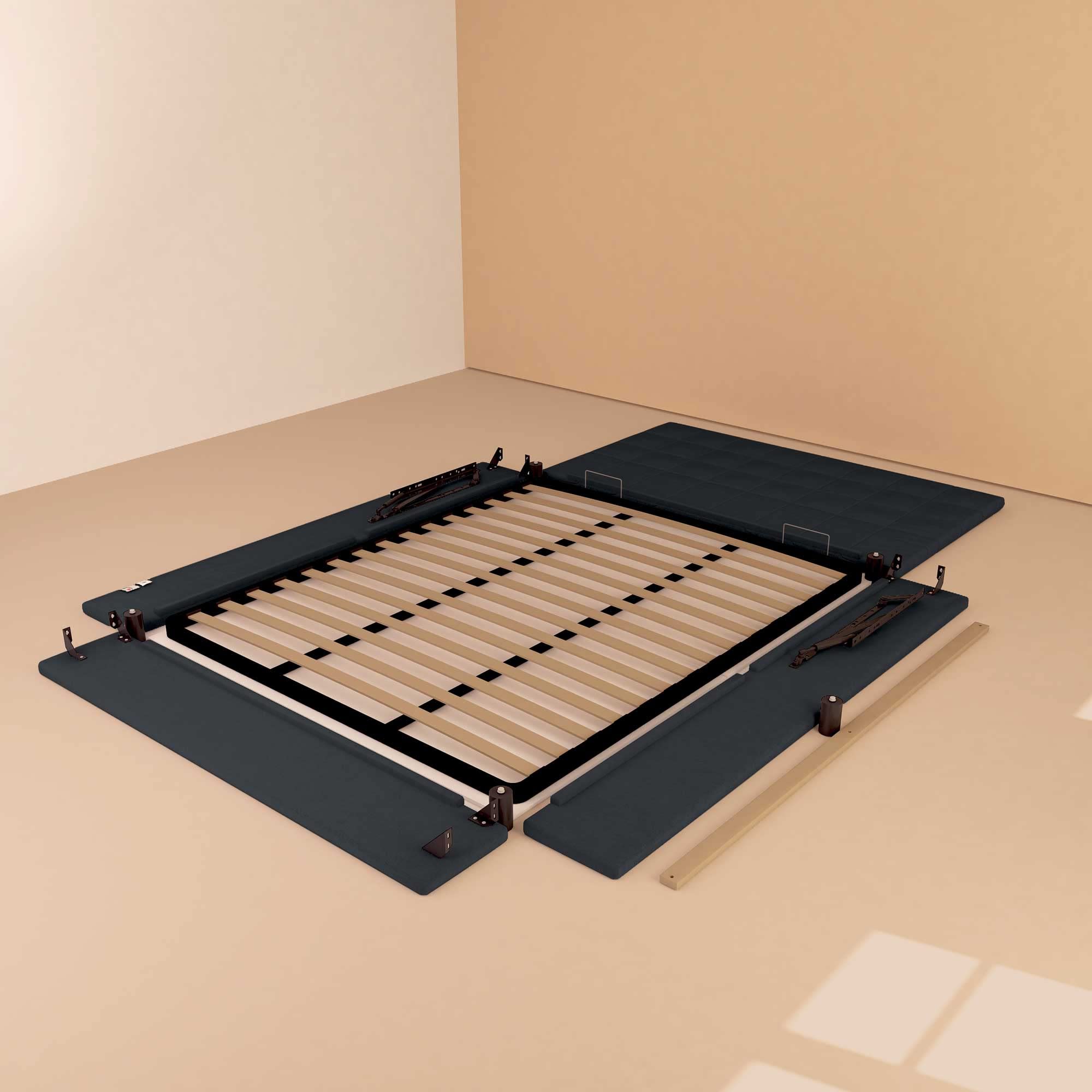 Baldiflex Square and Twin Bed Frame with Storage, Dublin Model Fabric Slatted Base for Square and Twin Mattresses, 120 x 200 cm, Elegant Headboard, Graphite Gray - Perfect for Small Bedrooms, Guest Rooms & Modern Apartments