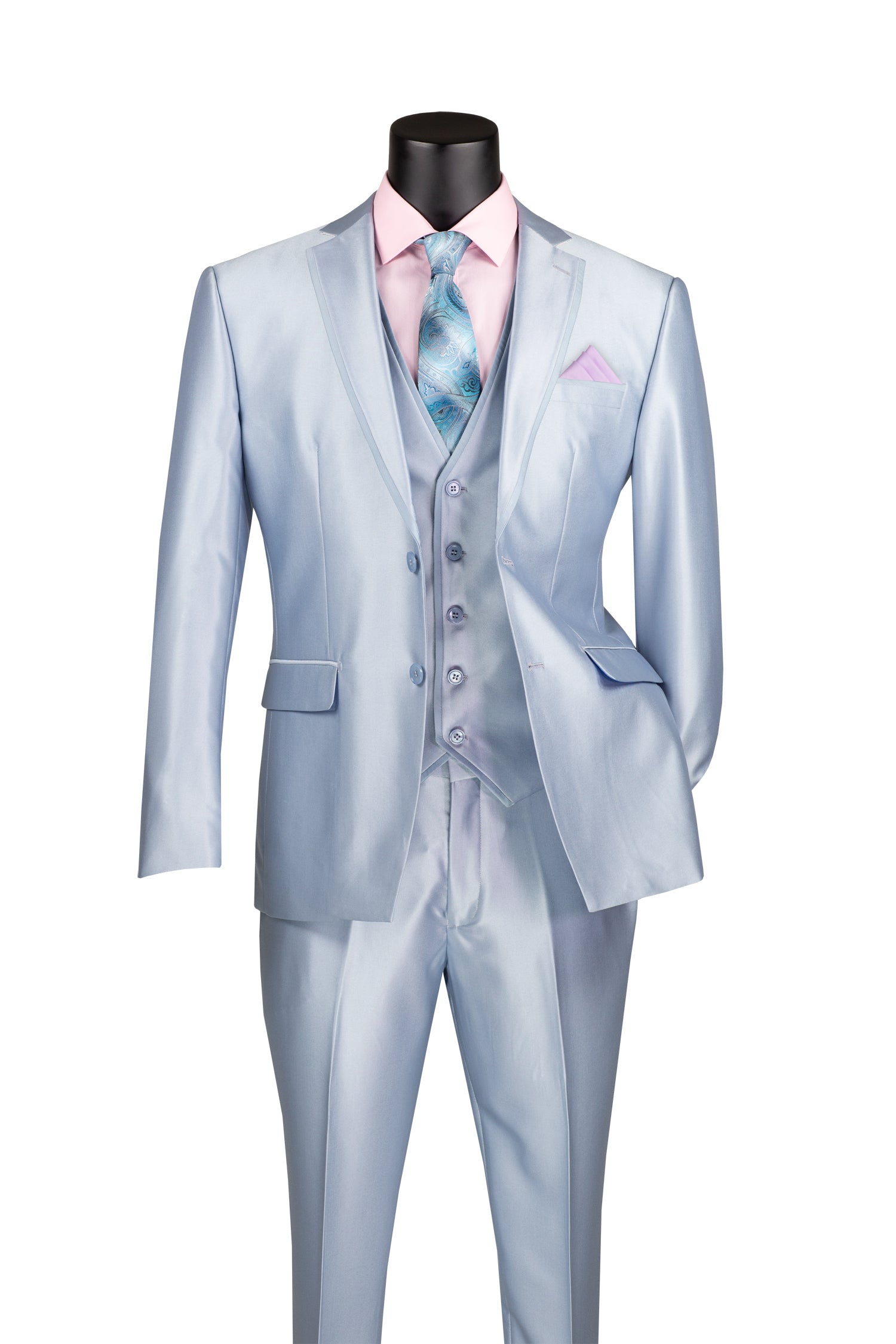Light Blue Satin Slim Fit 3-Piece Suit with 2 Buttons | Formal Wedding, Business & Special Occasion Attire