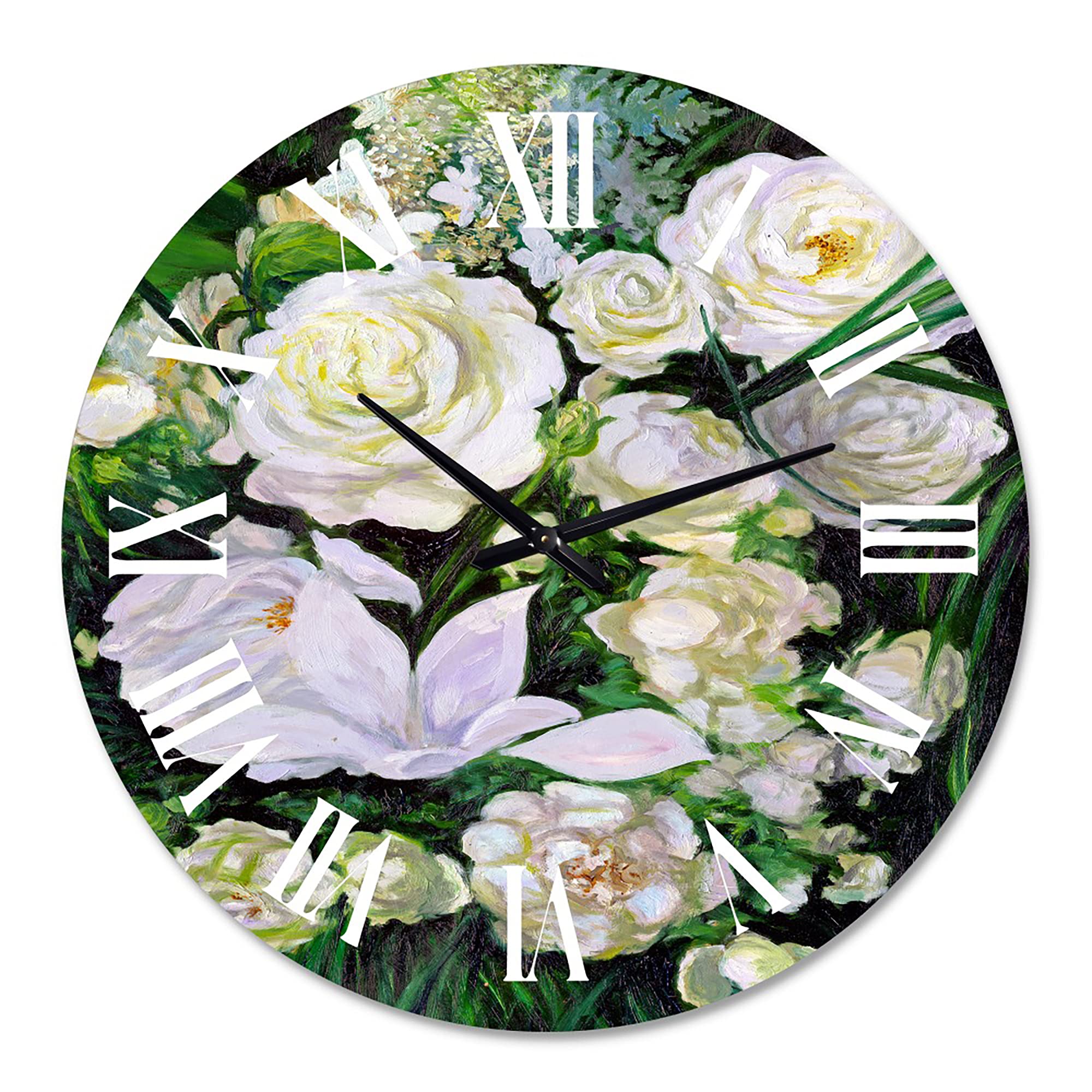 DesignQ Traditional Wall Clock 'Bouquet of White Roses' - Large Floral Botanical Wall Clock for Kitchen, Living Room & Bedroom Decor - Perfect for Home, Office & Gift Giving