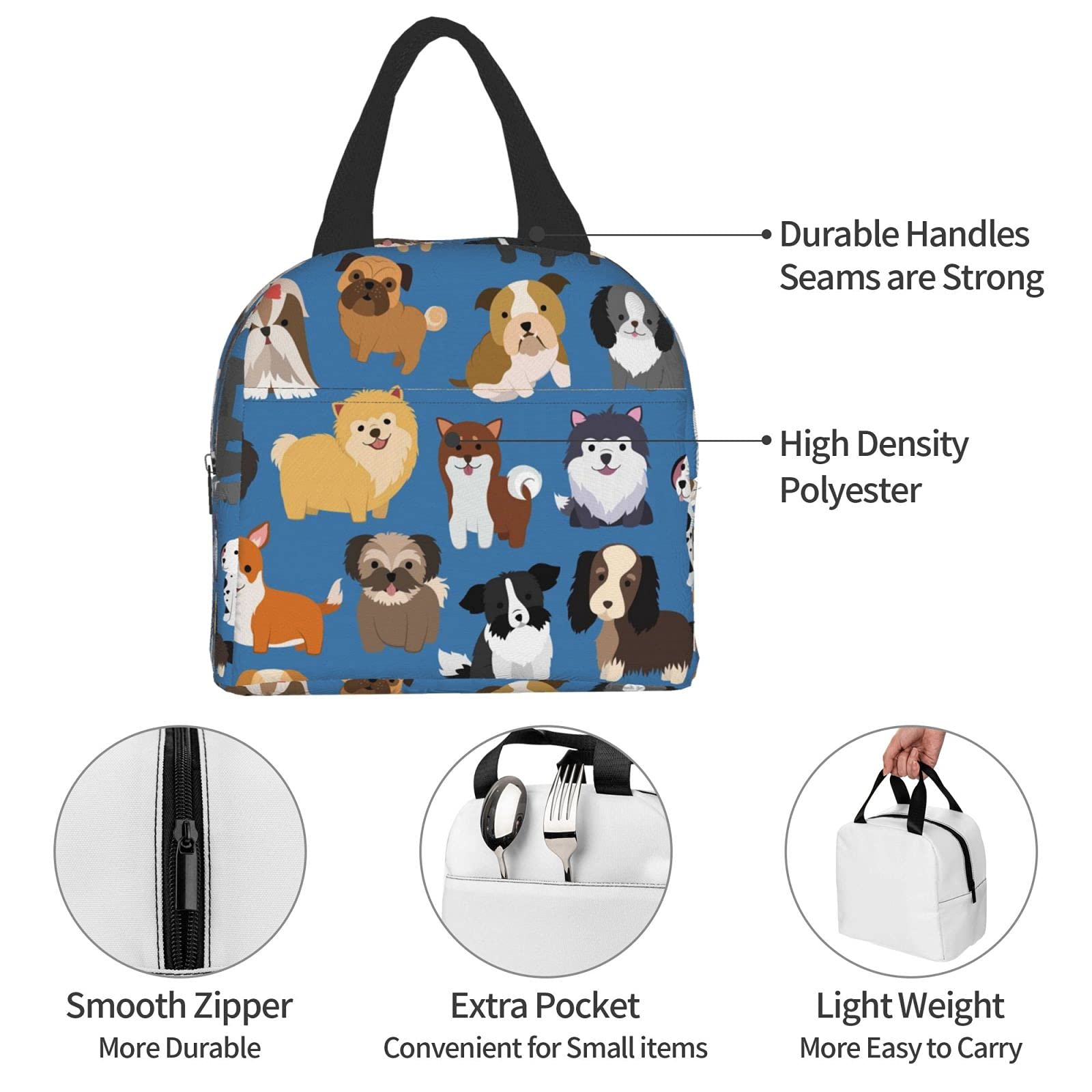 Cute Dog & Puppy Lunch Bag - Reusable Insulated Tote for Women & Men - Perfect for School, Office, Work & Picnics - Compact Food Container with Animal Print Design