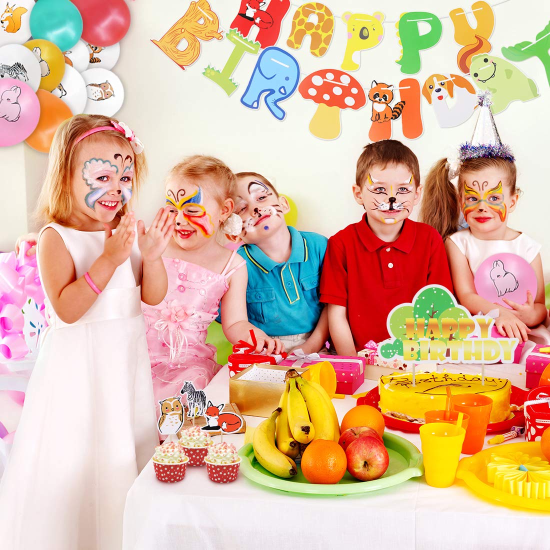 48 Pcs Jungle Animal Birthday Party Decorations - Happy Birthday Banner, Cake Toppers, Food Toothpicks, Latex Balloons (Fox, Rabbit, Raccoon) for Kids Birthday Party Supplies | Perfect for Jungle Theme Parties, Baby Showers & Classroom Decorations