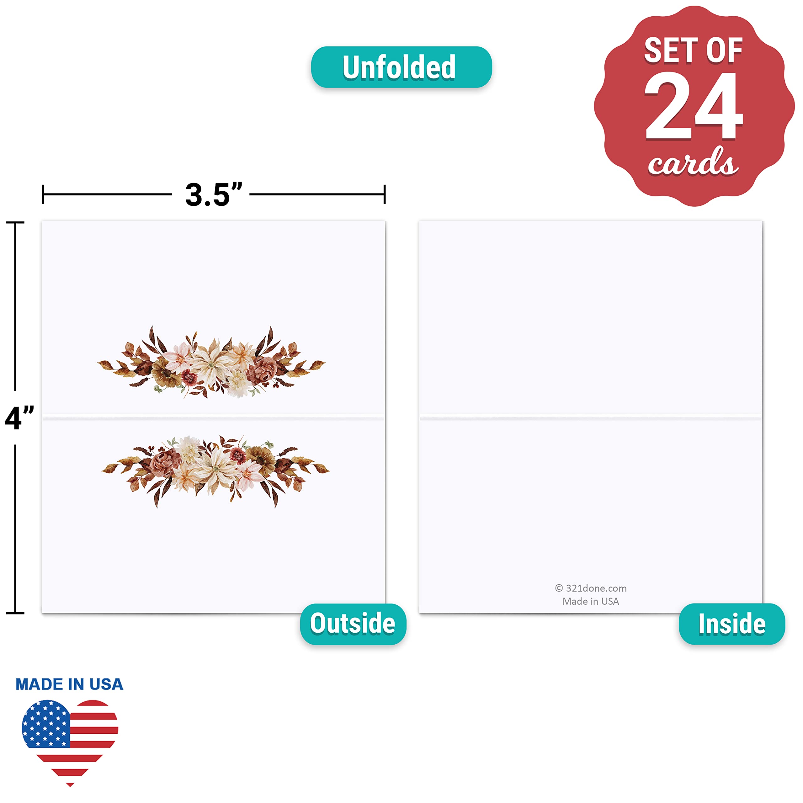 321Done Autumn Floral Place Cards - 24 Pack White 3.5x2 Inch Thick Tent Folding Name Seating Cards for Weddings, Dinner Parties, Buffets & Showers | Fall Floral Design | Made in USA | Perfect for Autumn Celebrations & Thanksgiving Table Settings