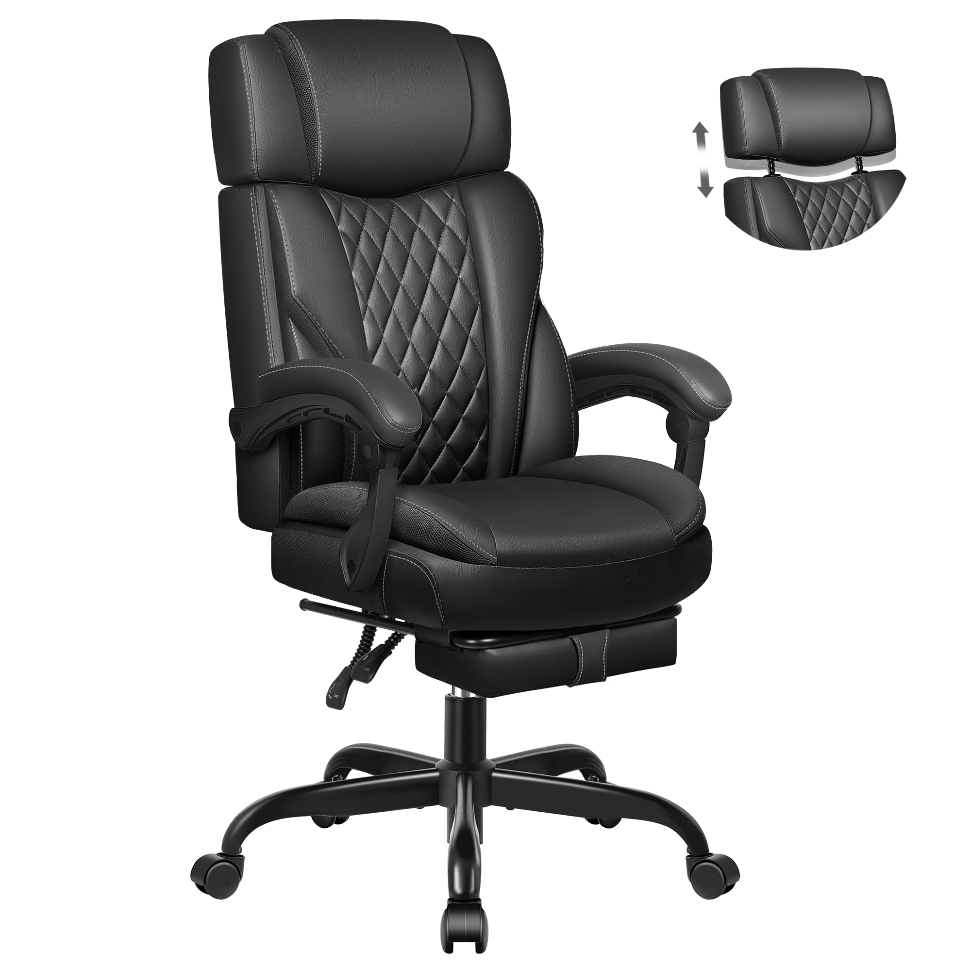 Premium Executive Leather Office Chair - Big & Tall Ergonomic Desk Chair with Adjustable Lumbar Support, Footrest & Reclining Function | Perfect for Home Office, Gaming & Professional Workspaces