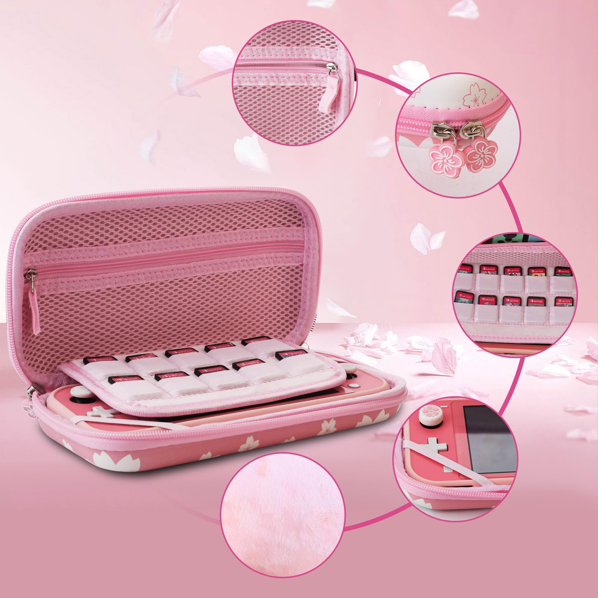 **FUNDIARY Pink & White Nintendo Switch Lite Travel Case with Sakura Design - Slim Storage Bag, Silicone Cover, Screen Protector, Handle Strap & 2 Thumb Caps - Perfect for Gaming On-The-Go & Travel Accessories**