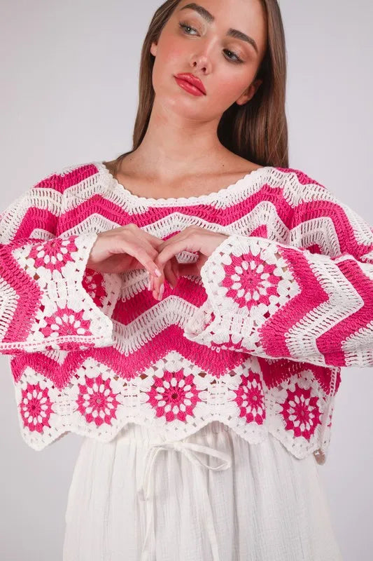 Floral Crochet Knit Top for Women - Boho Summer Blouse, Beach Cover Up, Music Festival Outfit