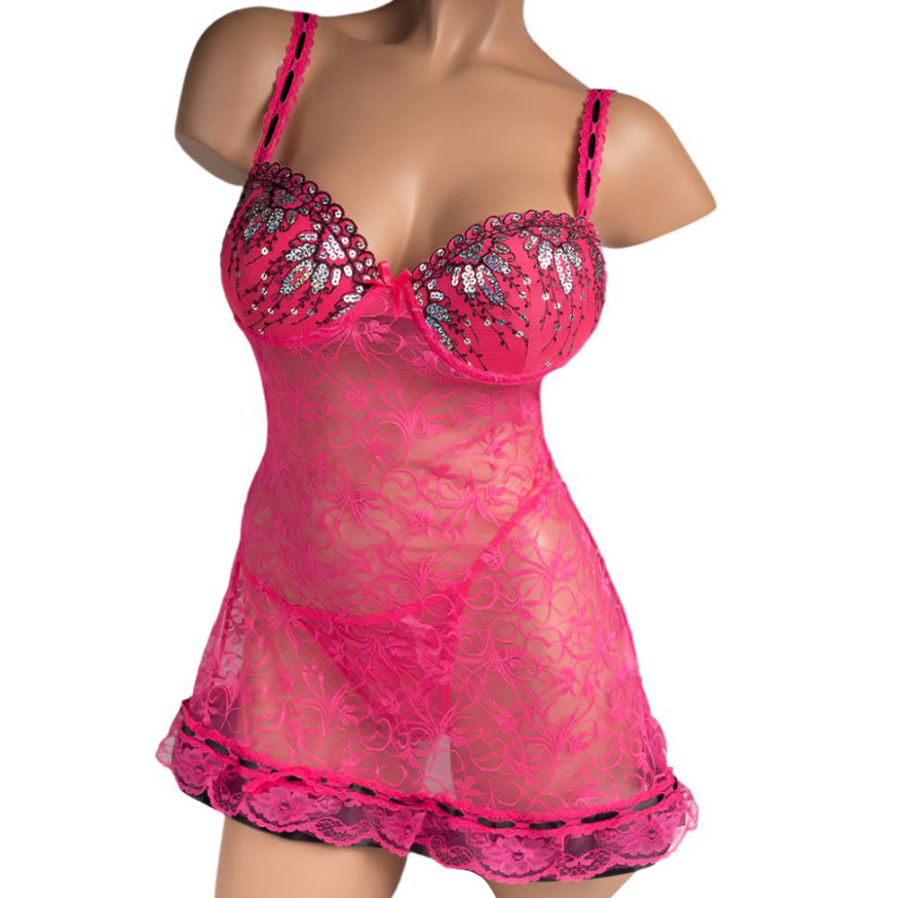 Sexy Lingerie Set - Sequin Sheer Lace Babydoll & G-String Thong for Women | Perfect for Valentine's Day, Honeymoon & Romantic Nights