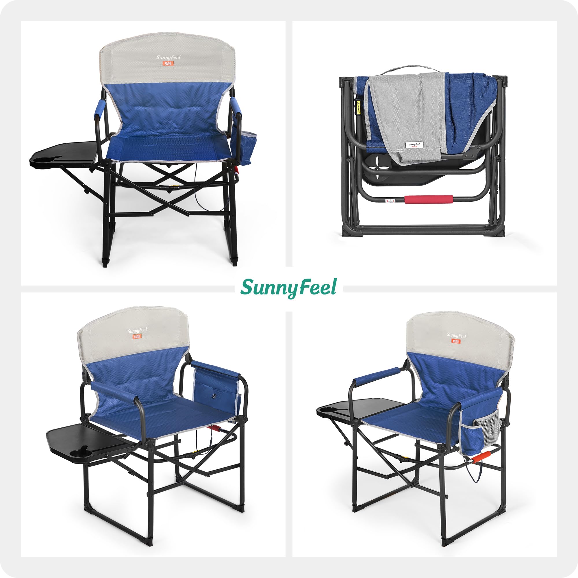 **SUNNYFEEL Heavy Duty Oversized Heated Camping Director's Chair with Side Table & Pocket - Portable Folding Chair for Beach, Fishing, Picnic, Lawn, Concert & Outdoor Adventures - Perfect for Camping, Tailgating & Backyard Relaxation**