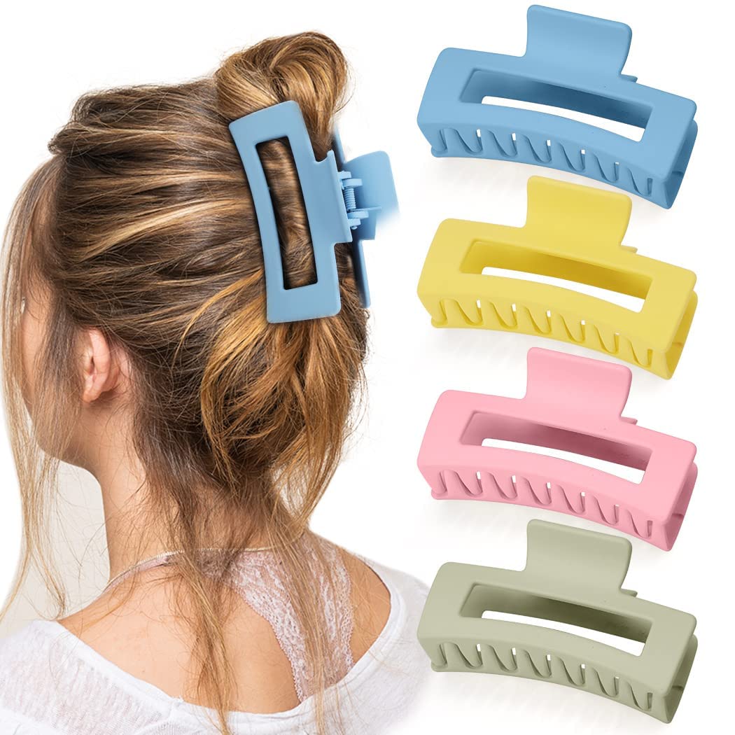 4 PCS Matte Rectangular Hair Claw Clips for Women - Large Hair Clips for Thick Hair - Strong Hold Hair Accessories for Ponytail, Bun & Updo Hairstyles