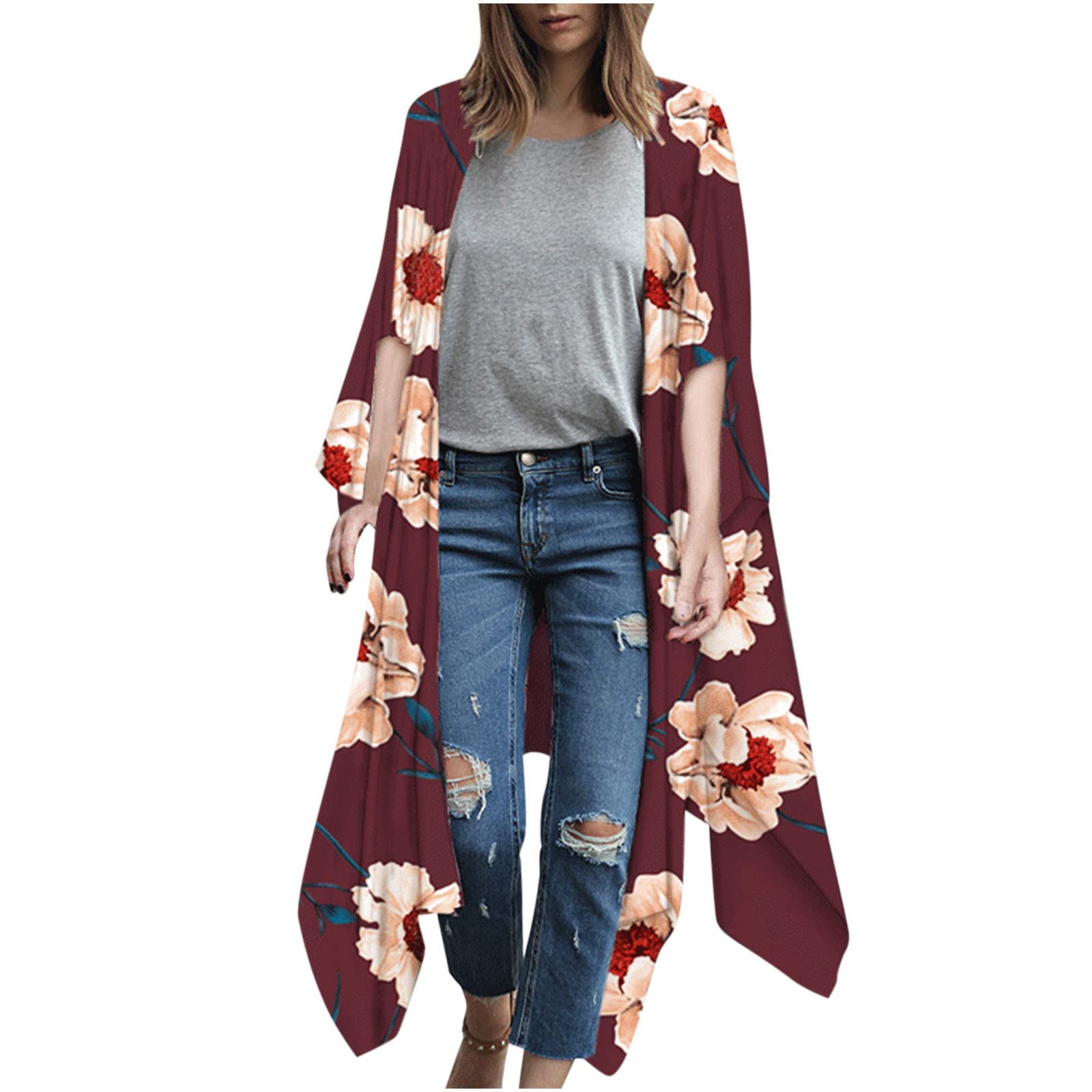 Women's Lightweight Boho Floral Cardigan - Open Front Kimono Loose Flowy Shawl Top for Casual Wear, Beach Cover-Up & Spring Layering
