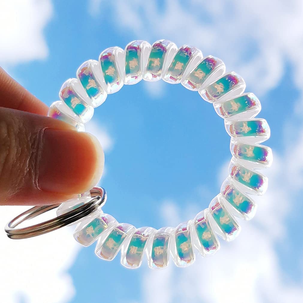 Iridescent Stretchy Spiral Wrist Coil Keychain Bracelet - Pack of 3 (White) | Durable Spring Ring Holder for Keys, Jewelry & Accessories | Perfect for Key Organization, Gift Giving & Fashion Accessories