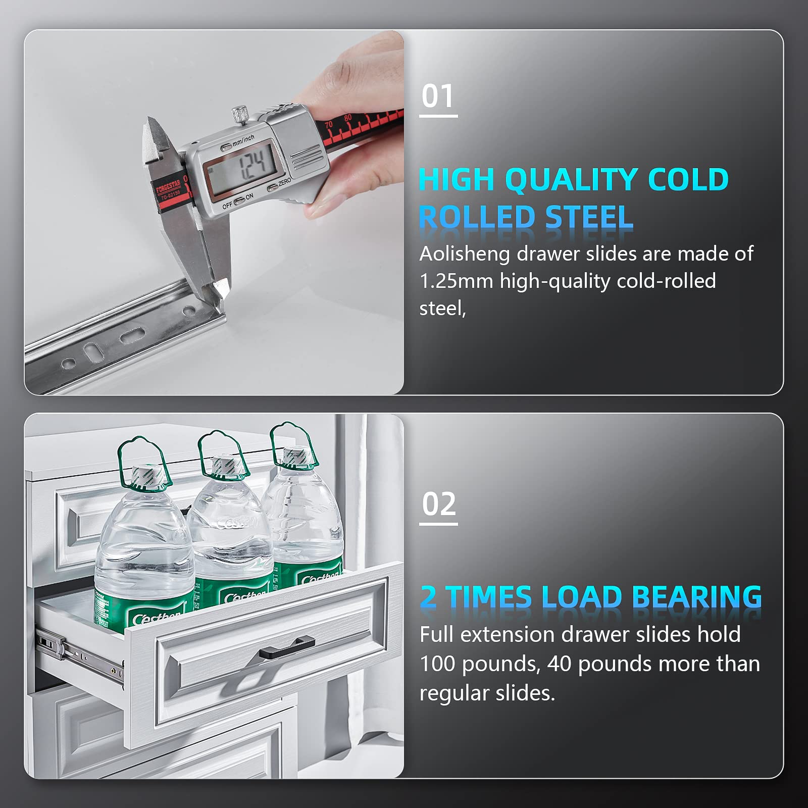AOLISHENG 5-Pair Full Extension Drawer Slides - 8/10/12/14/16/18/20/22/24 Inch Heavy Duty Ball Bearing Side Mount Rails - 100 LB Load Capacity - Silver Metal Glides for Dressers, File Cabinets, Kitchen Drawers & Trash Cans