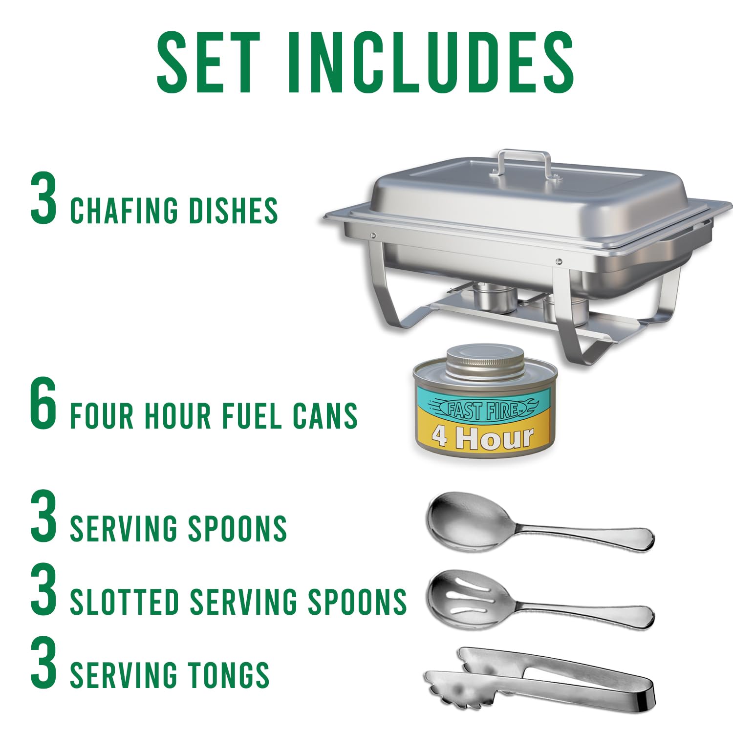 3-Pack Stainless Steel 8 Quart Buffet Chafing Dish Set with 6 Fuel Cans, 9 Serving Utensils, Folding Frame & Lids - Full Size Catering Warmers for Parties, Weddings, Banquets & Buffet Serving