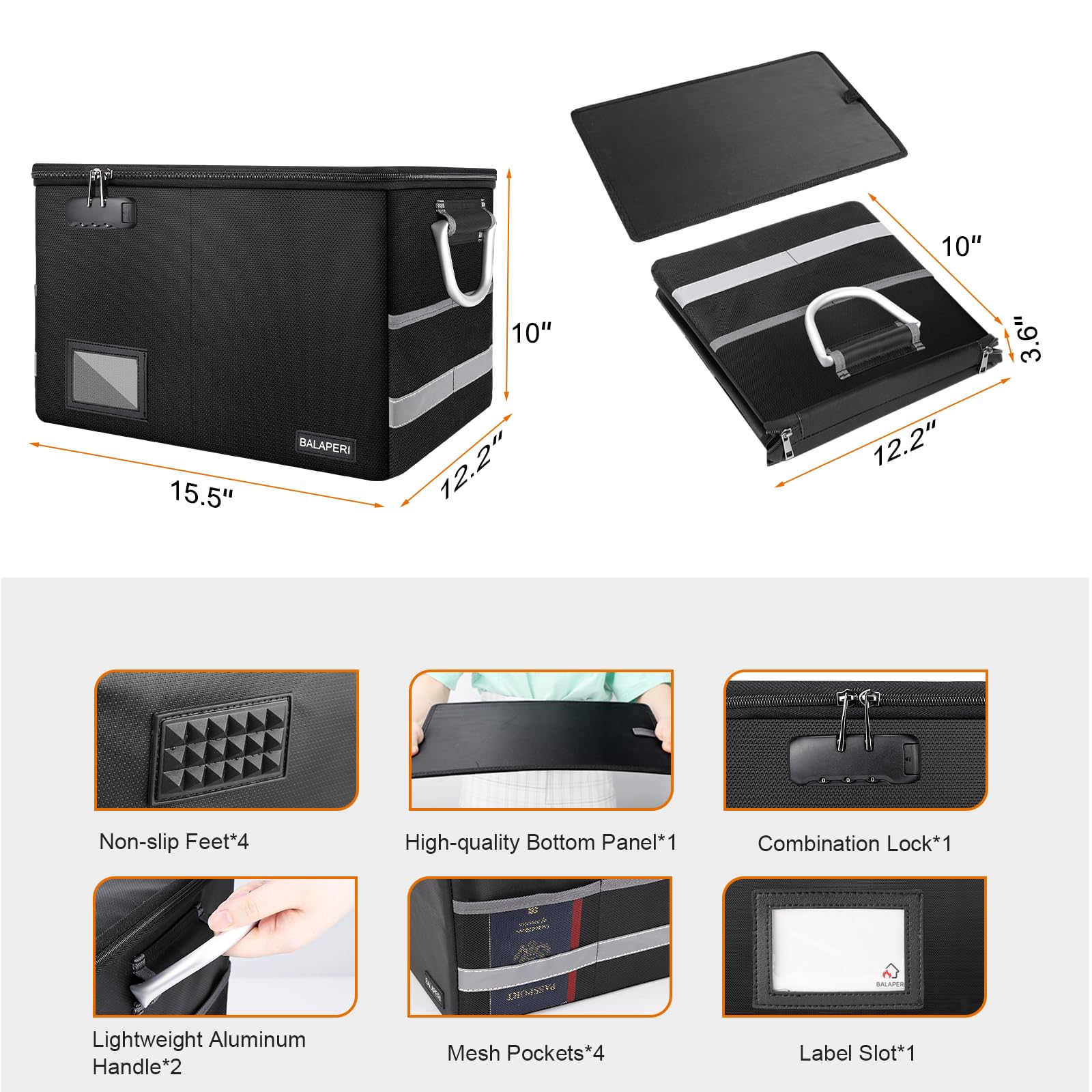 Fireproof Document Box with Lock - Portable File Storage Organizer for Legal/Letter Size Hanging Folders | Collapsible Design (16.1