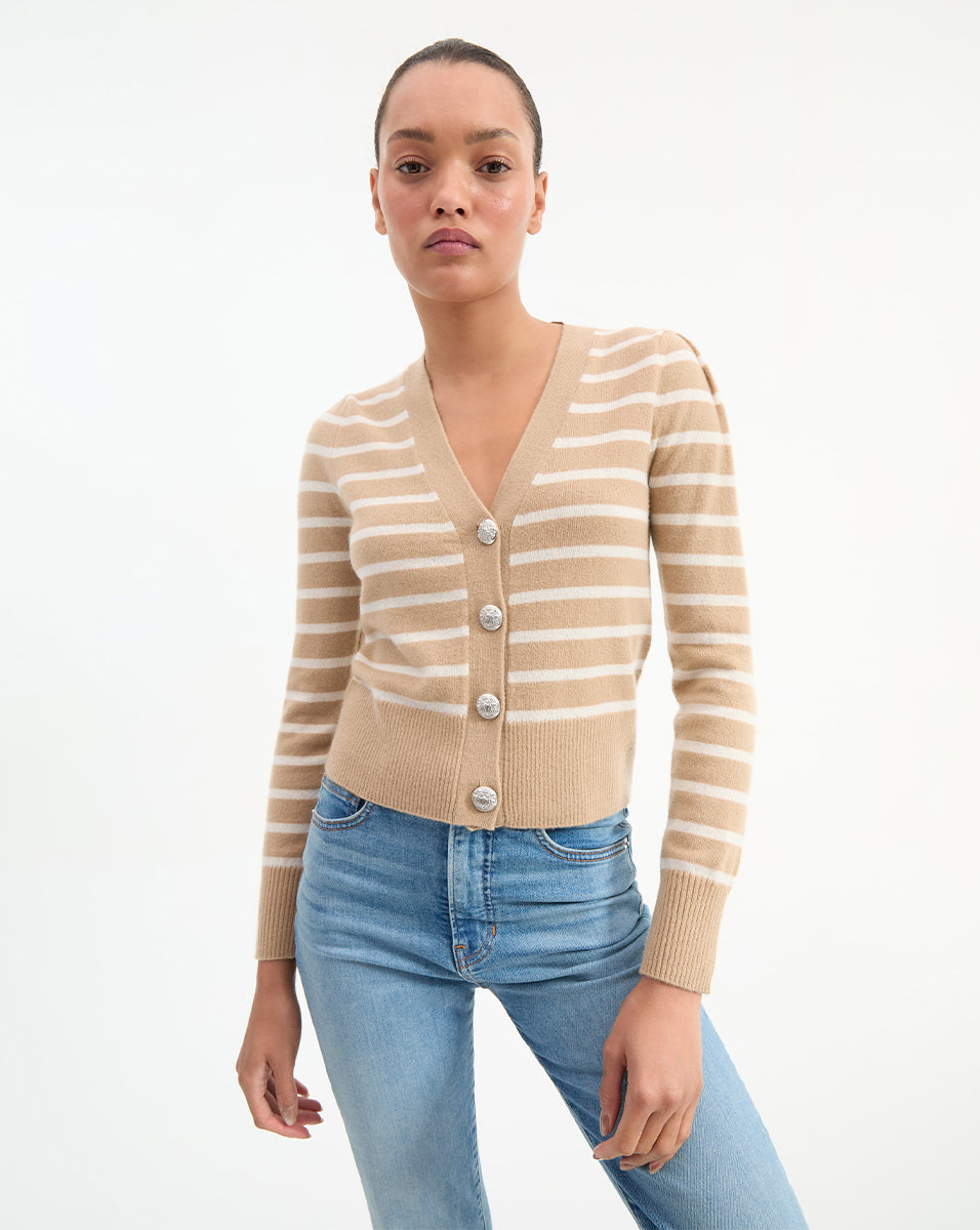 Solene Striped Cashmere Cardigan for Women - Soft & Warm Winter Sweater - Elegant Long Sleeve Open Front Knitwear for Office, Travel & Casual Outfits